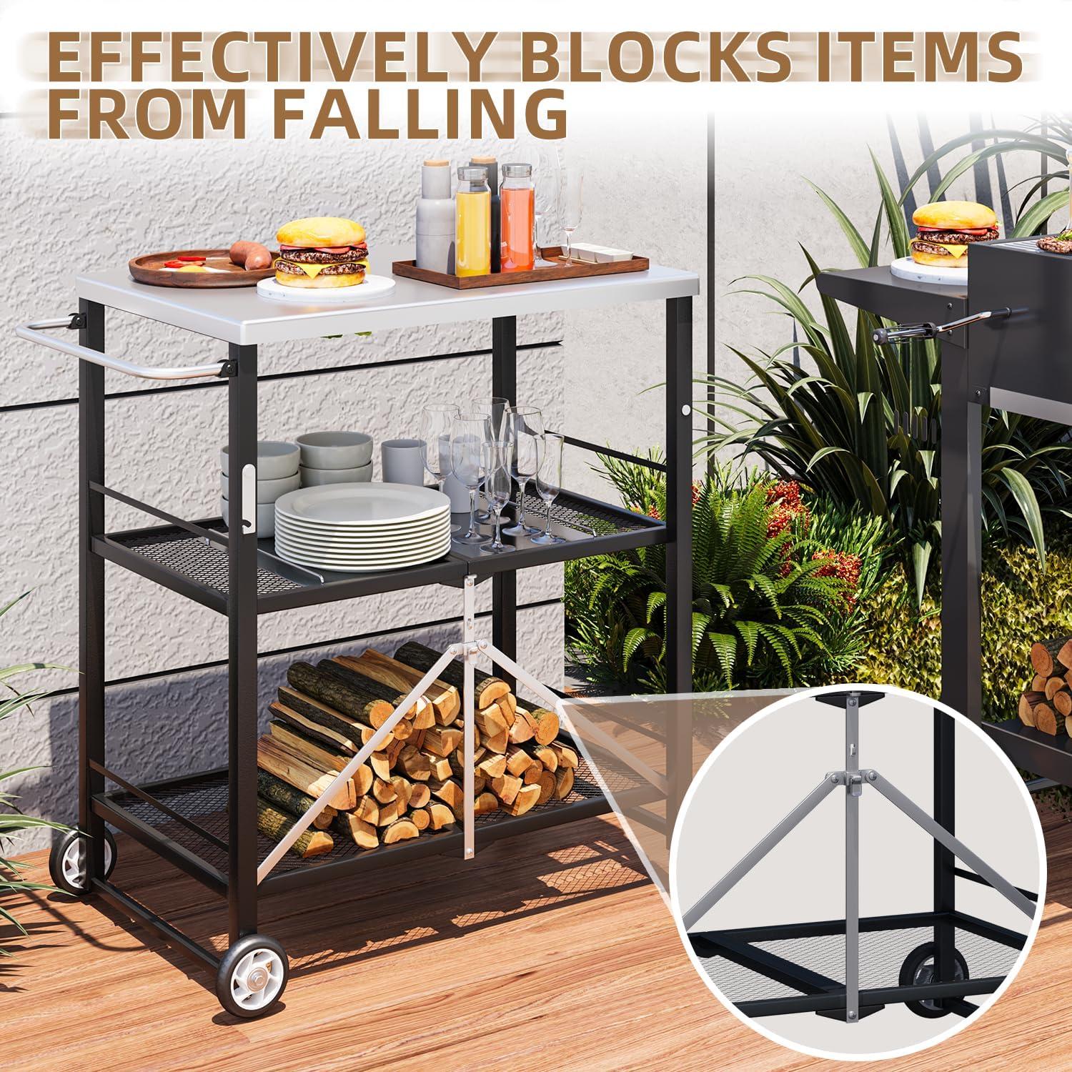 AECOJOY Outdoor Grill Table, Stainless Steel Pizza Oven Stand 3-Tier Folding BBQ Prep Table with Casters, Portable Kitchen Island for Apartment, Studio & Backyard Cooking, Gray
