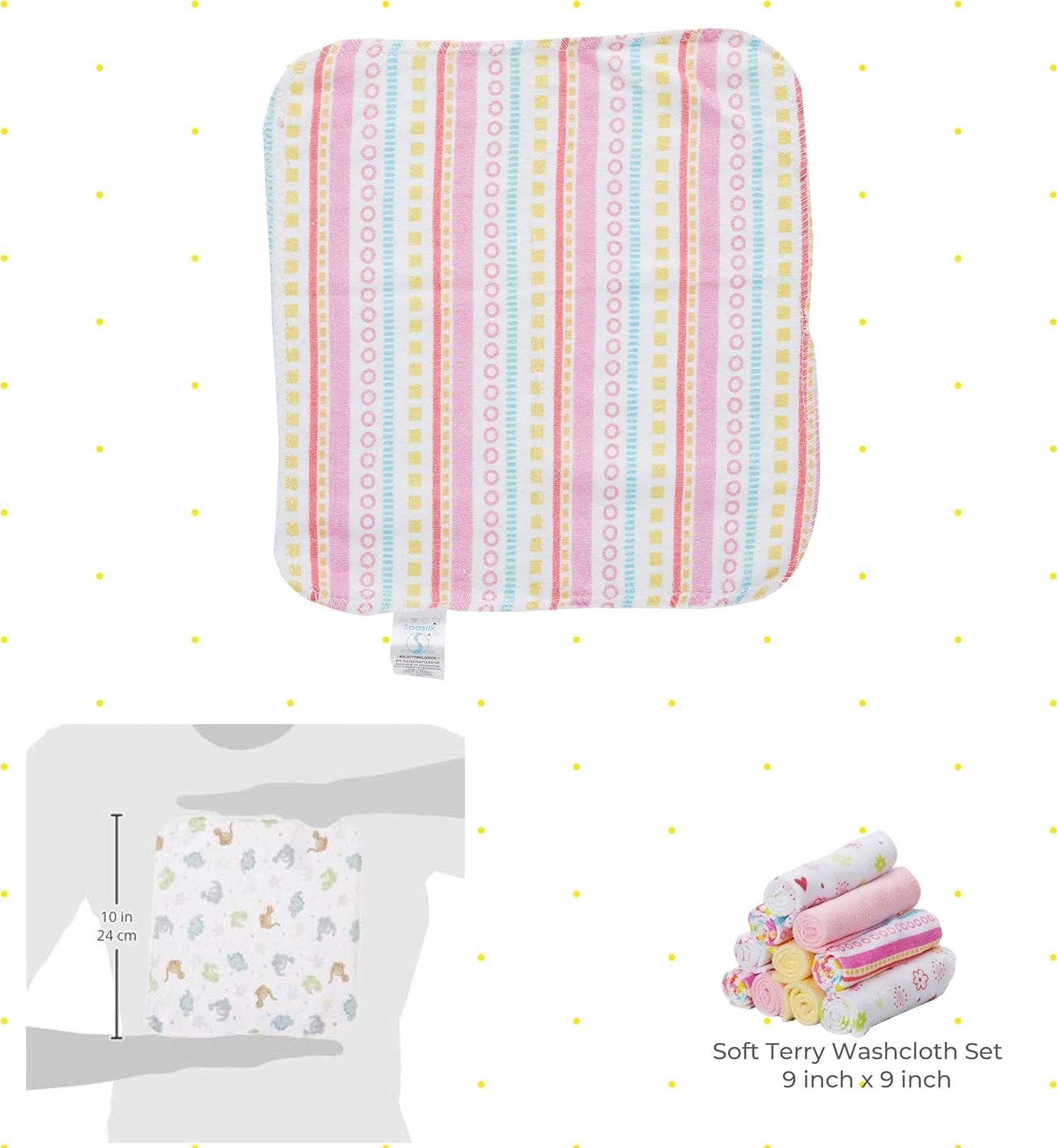 Spasilk Washcloth Wipes Set for Newborns and Infants, Terry Bathtime Essentials, Pack of 10, Pink Stripes