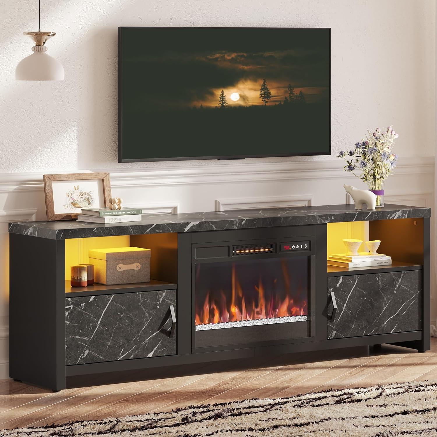 Black Marble 70'' TV Stand with Electric Fireplace and Cabinets