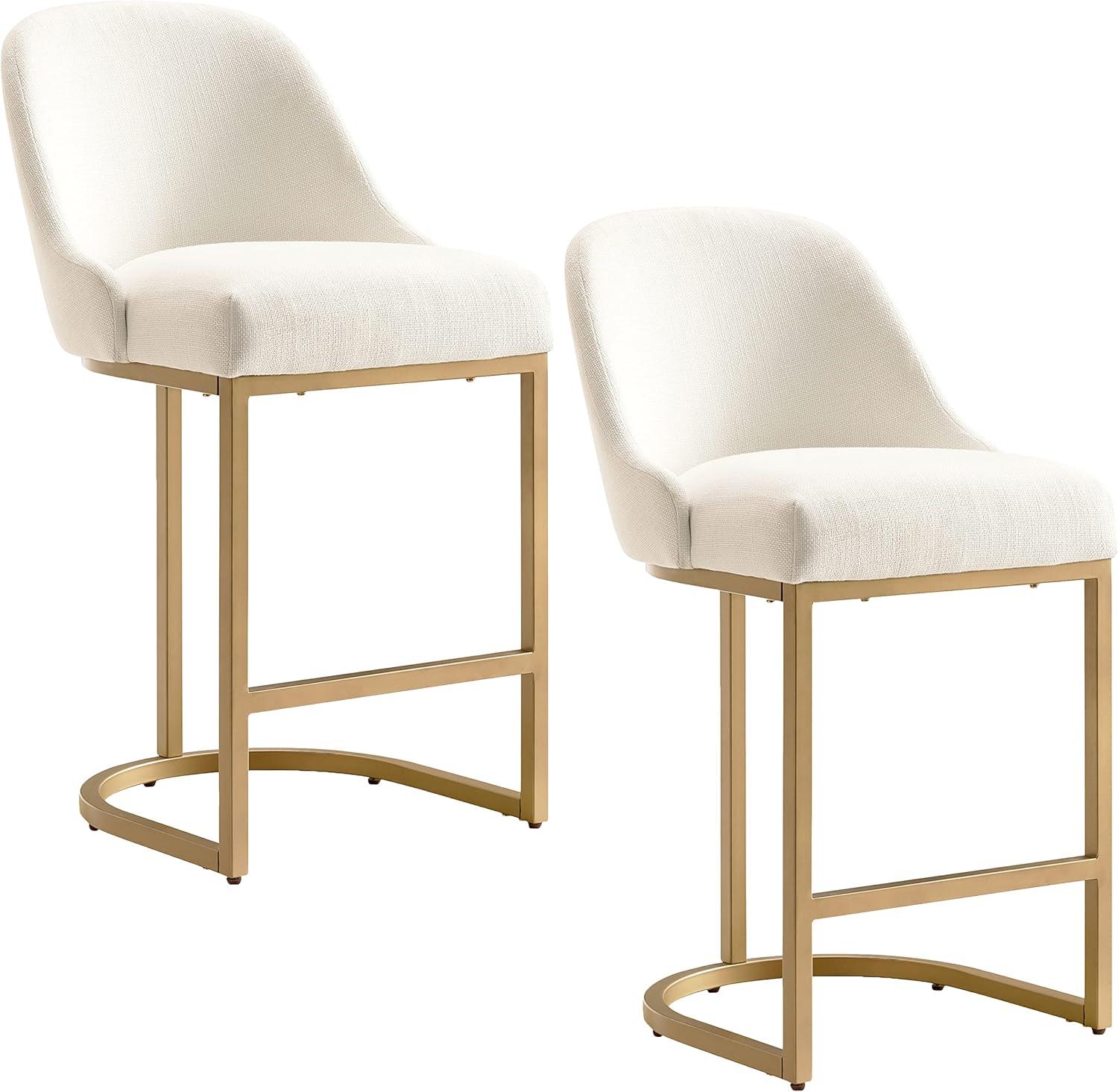 Elegant White Linen & Gold Metal Barrelback Counter Stool, Set of 2