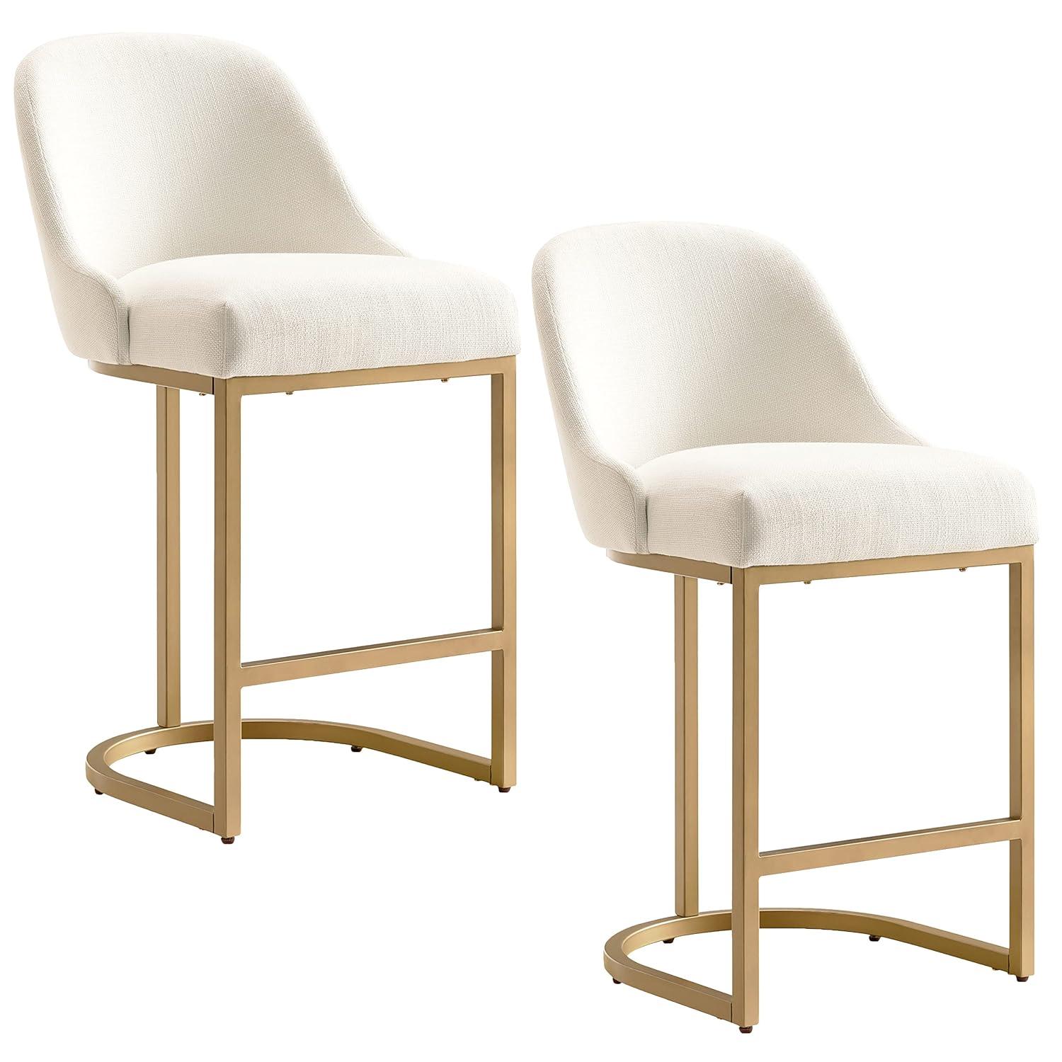 Leick Home 10132GD/WT Barrel back Counter Stool Set of 2 in White Linen Seat and Gold Metal Base