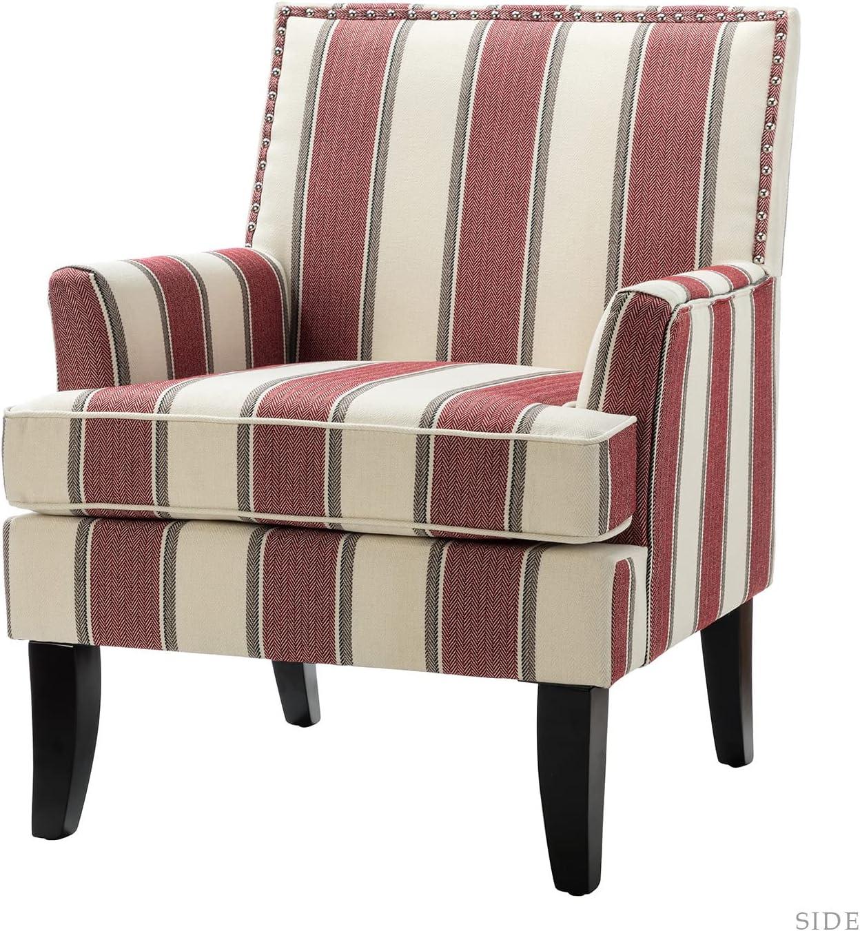 Red and White Striped Wooden Leg Accent Chair