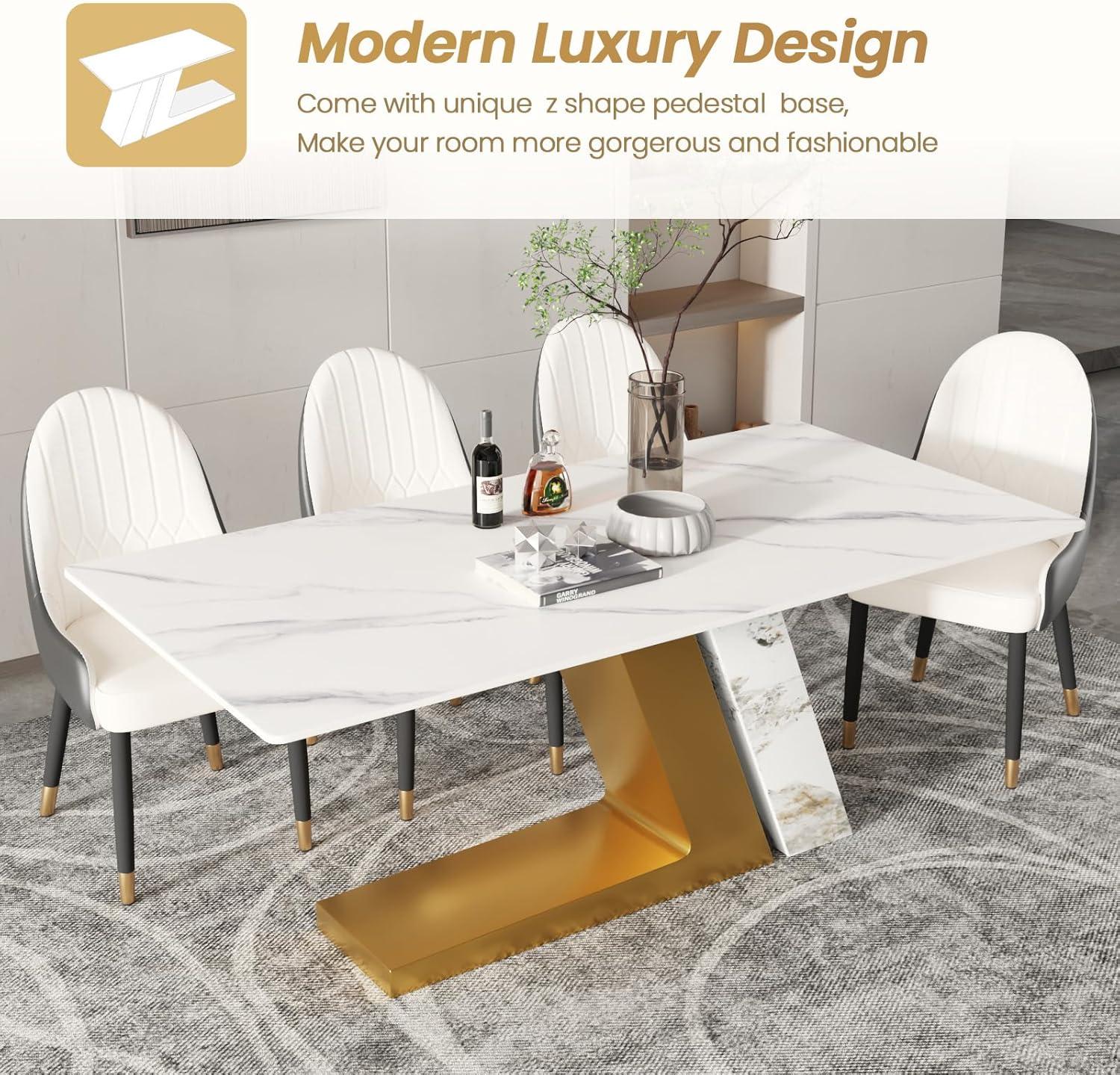 Modern White Marble Rectangular Dining Table with Gold Pedestal