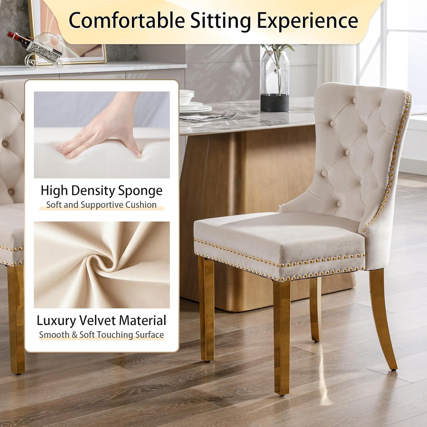 BELLEZE Upholstered Dining Chairs Set of 2, Velvet Luxury Dining Room Chairs with Button Back, Nailhead Trim, Pull-ring, Solid Wood Legs for Kitchen, Living Room, Restaurant - Chandler (Beige)