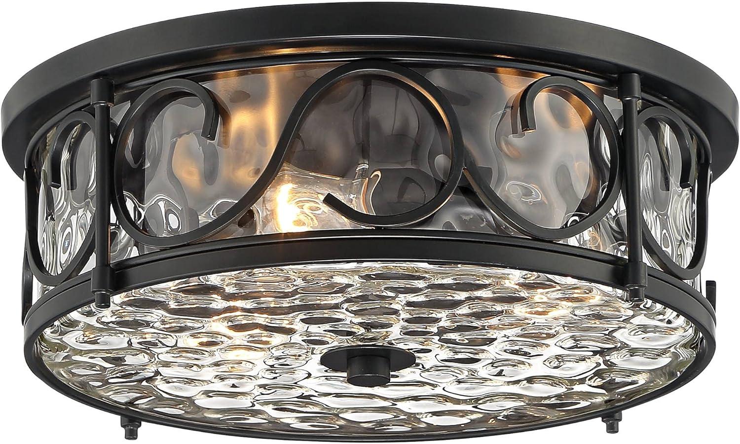 John Timberland Paseo Rustic Industrial Flush Mount Outdoor Ceiling Light Matte Black 6 1/4" Clear Hammered Glass Damp Rated for Post Exterior Barn