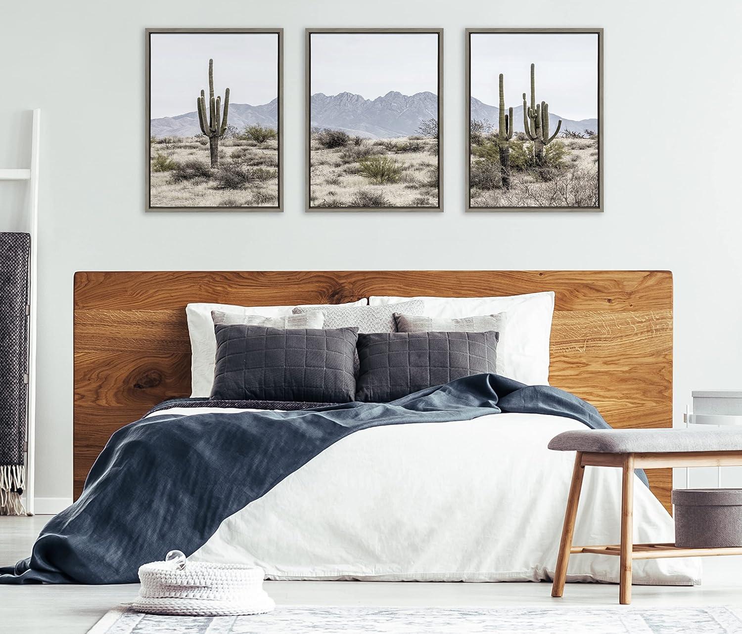 Kate and Laurel Sylvie Tall Saguaro Cacti Desert Mountain Left, Middle and Right Framed Canvas by The Creative Bunch Studio, 3 Piece 18x24, Gray