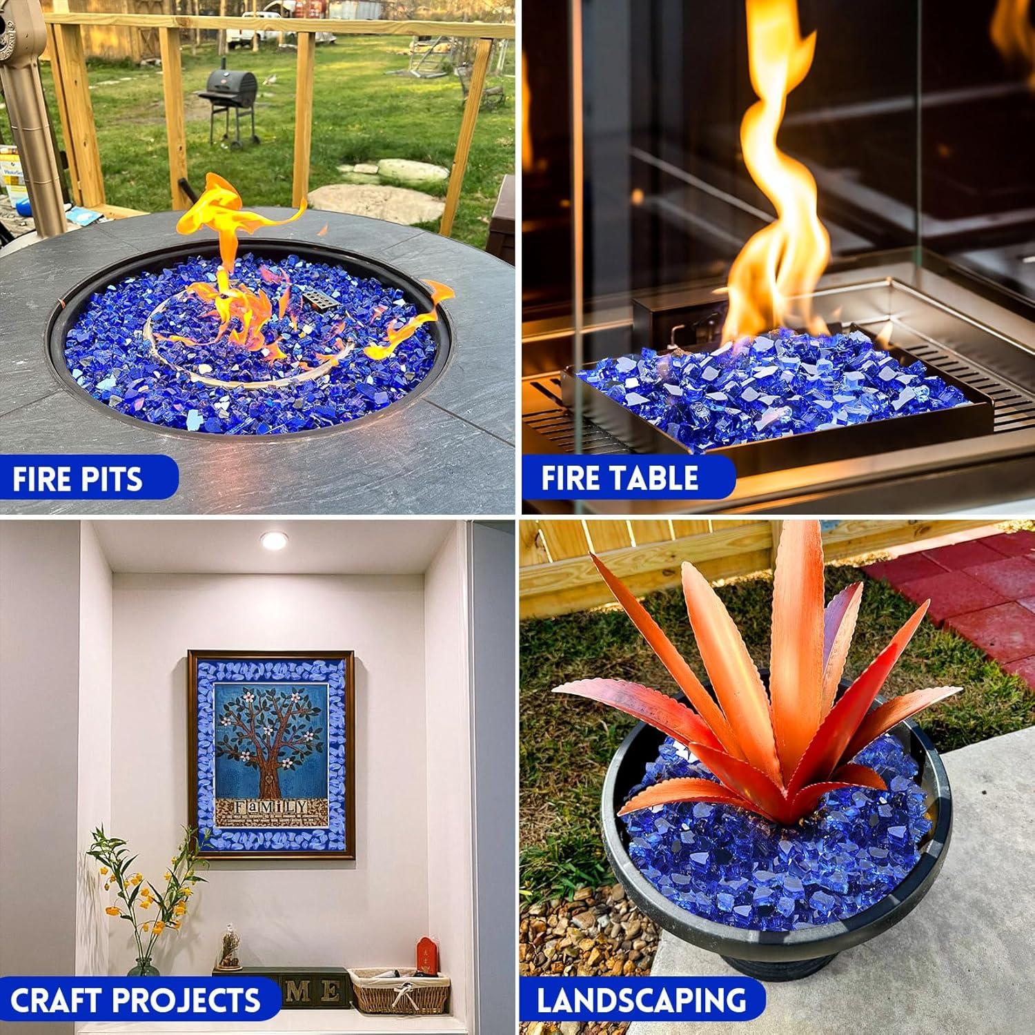 10 lb Fire Glass for Propane Fire Pit, 1/2" Gorgeous Reflective Fireplace Glass Rocks, Cobalt Blue