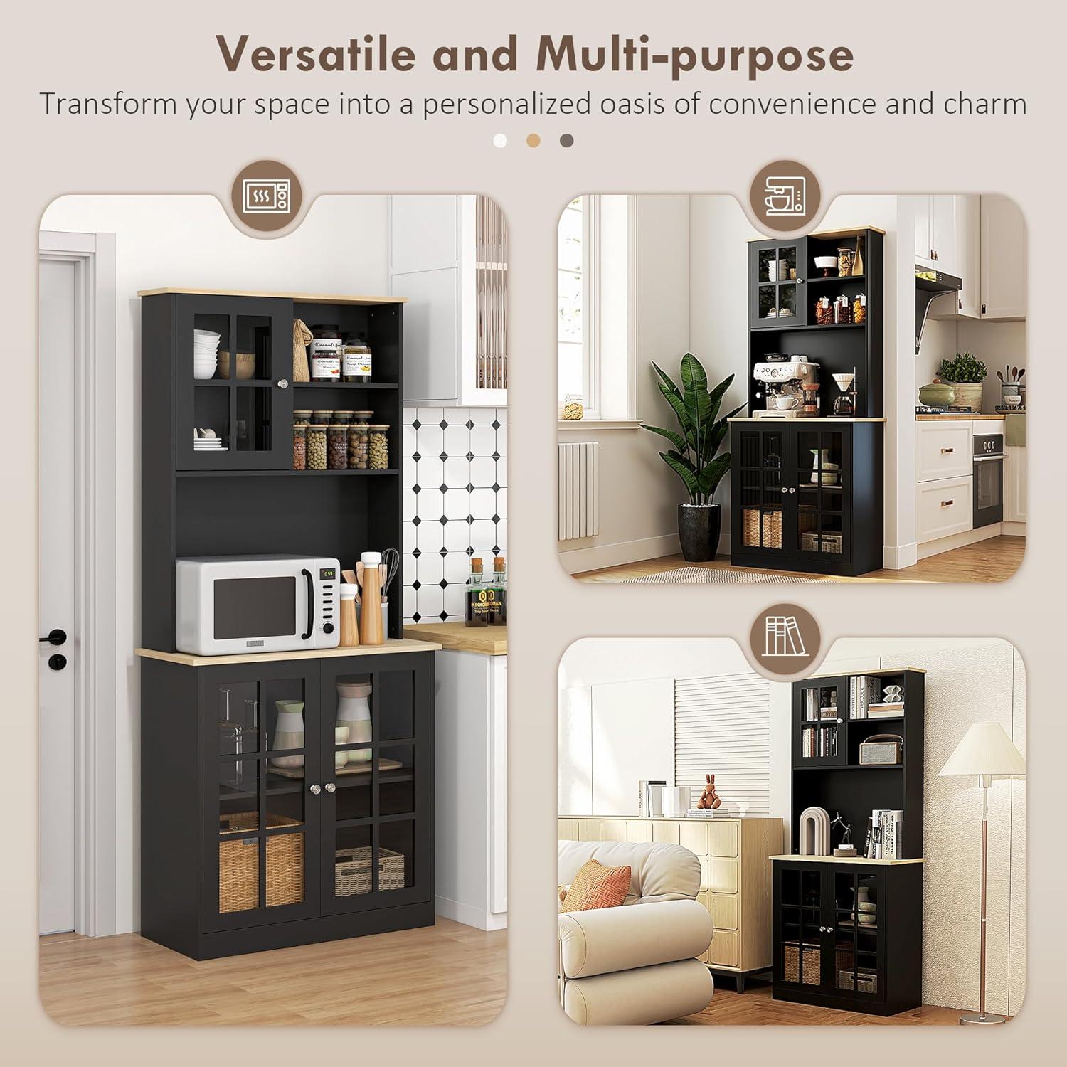 HOMCOM Kitchen Buffet with Hutch, Storage Pantry with 3 Cabinets, 2 Open Shelves and Large Countertop, Black