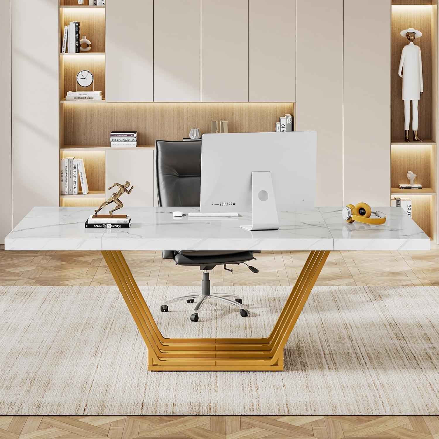 Tribesigns 63 inch Modern Office Desk, Large Executive Desk Computer Desk with Gold Metal Frame, White & Gold