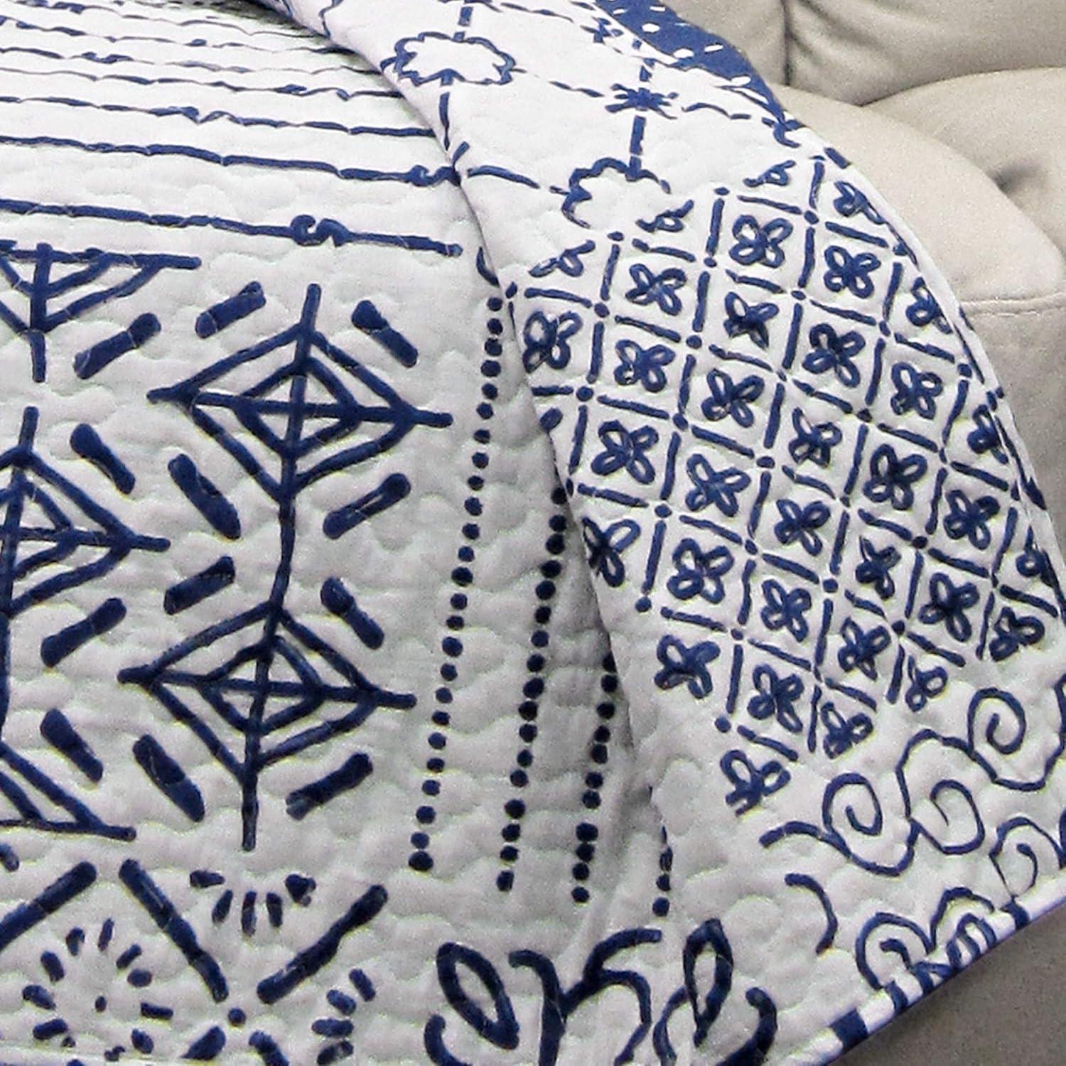 Monique Blue and White Cotton Reversible Throw Blanket