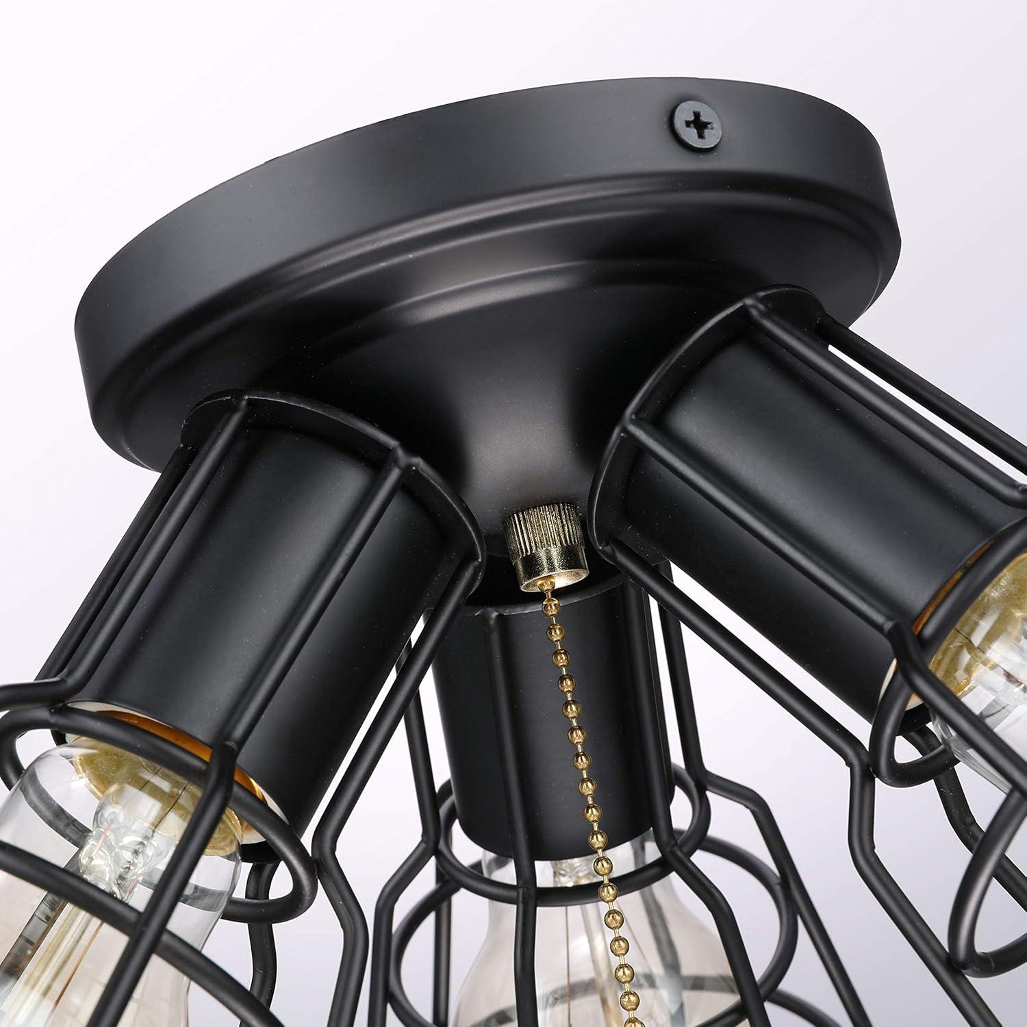 Industrial Flush Mount Ceiling Light, 15" Black 3-Light Fixture with Cage Shade & Pull Chain