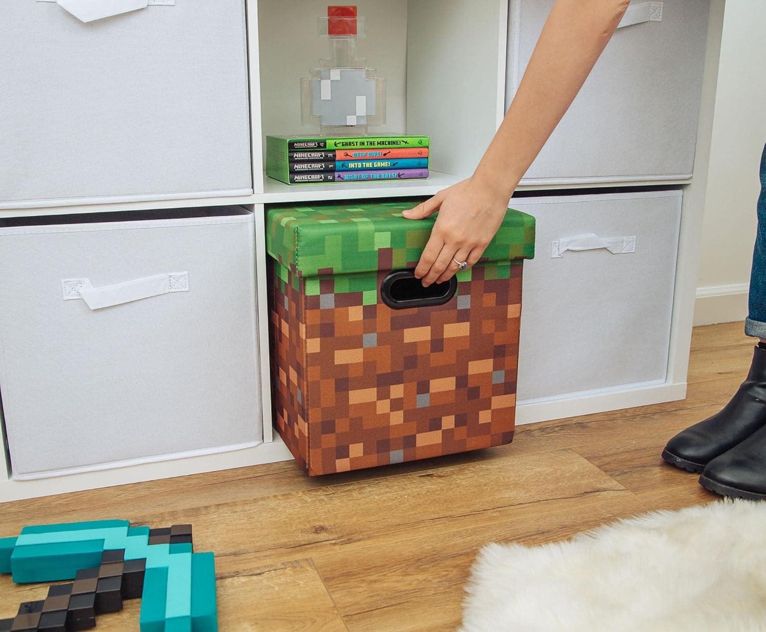 Ukonic Minecraft Grassy Block Fabric Storage Bin Cube Organizer with Lid | 13 Inches