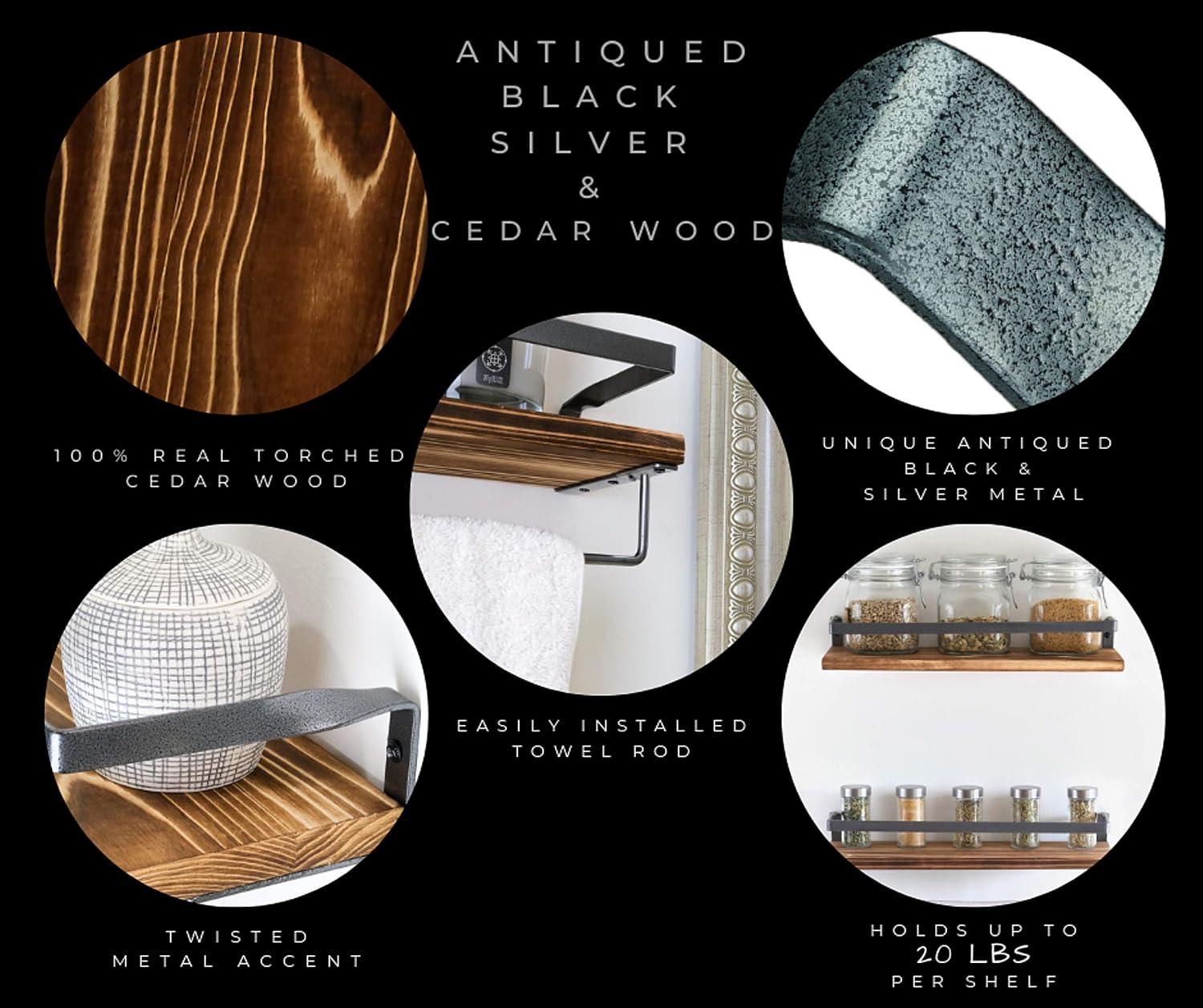 Peter's Goods Rustic Floating Wall Shelves with Rails - Decorative Storage for Kitchen, Bathroom, and Bedroom - Elegant, Modern Shelving - Torched Cedar Wood, Antiqued Black Silver Frame - Set of 2