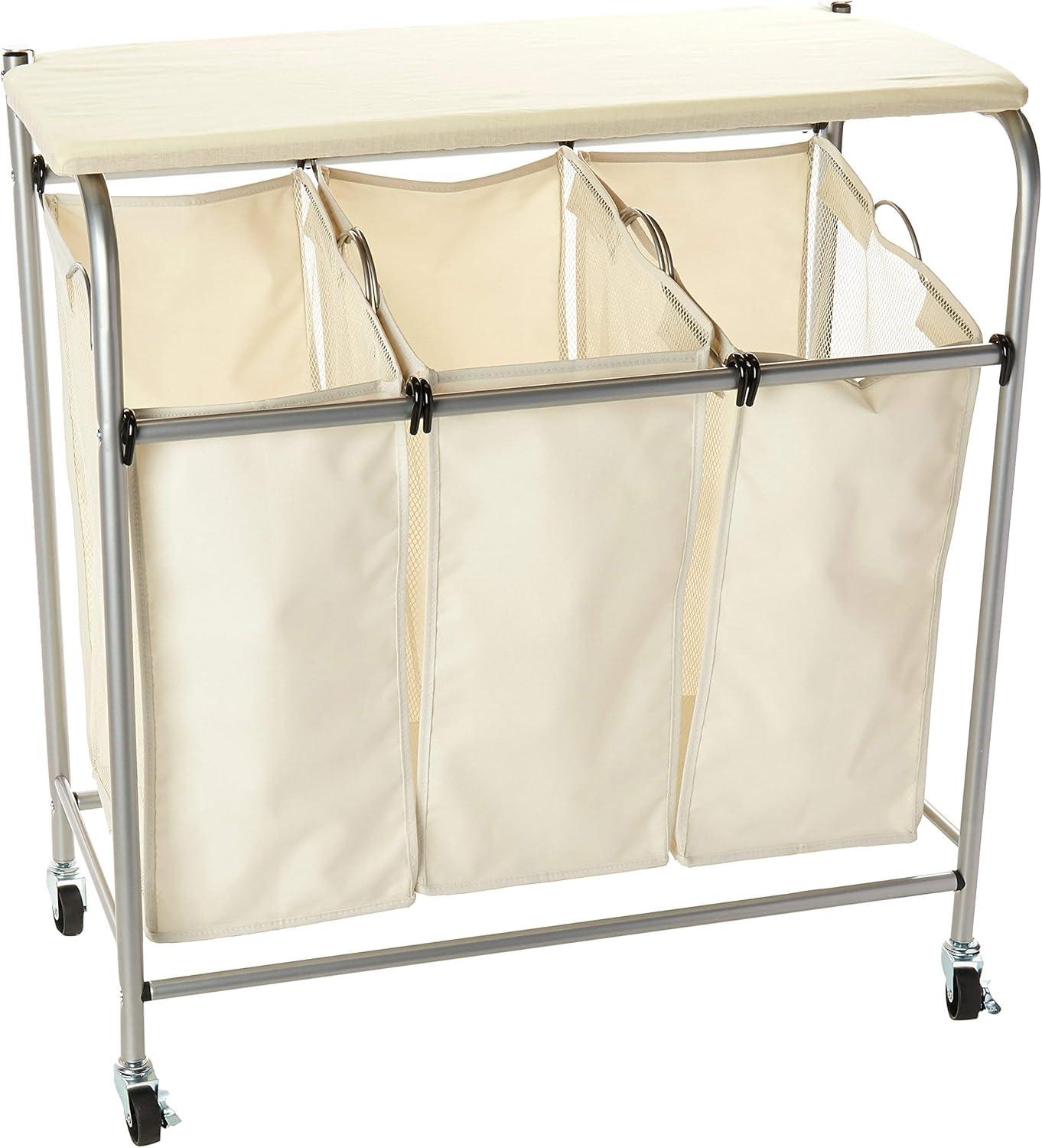 Natural Triple Laundry Sorter with Ironing Board and Locking Wheels