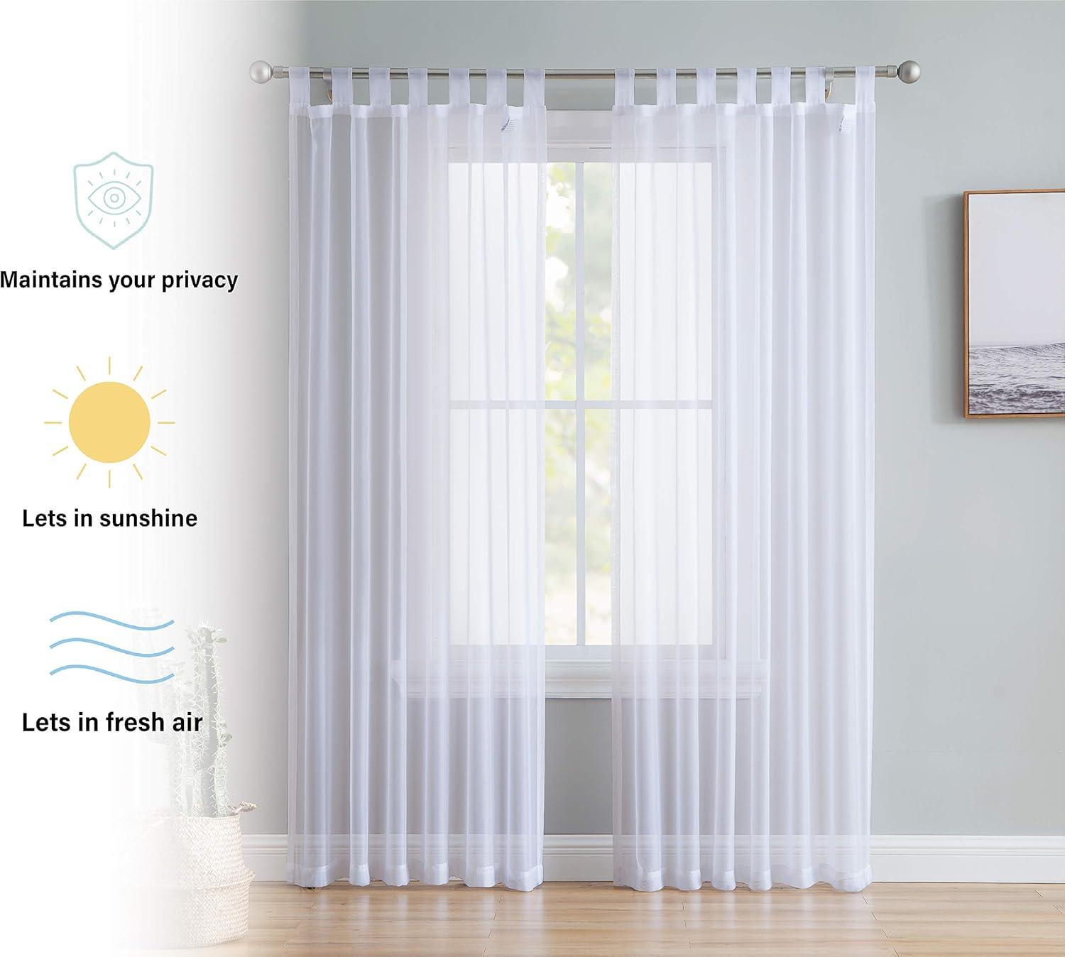 HLC.ME White Tab Top 54 inch x 54 inch Long Window Curtain Sheer Voile Panels for Living Room & Bedroom, Set of 2