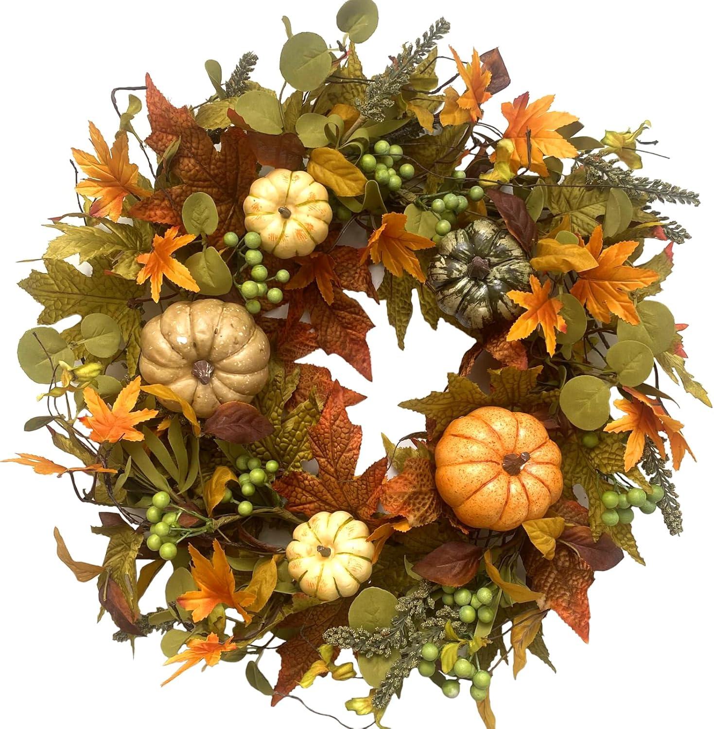 Fall Wreath 20’’ Autumn Front Door Wreath Harvest Wreath with Sunflower Pumpkins Berries Maple Leaves Daisies for Outside Indoor Home Wall Festival Thanksgiving Autumn Farmhouse Decor