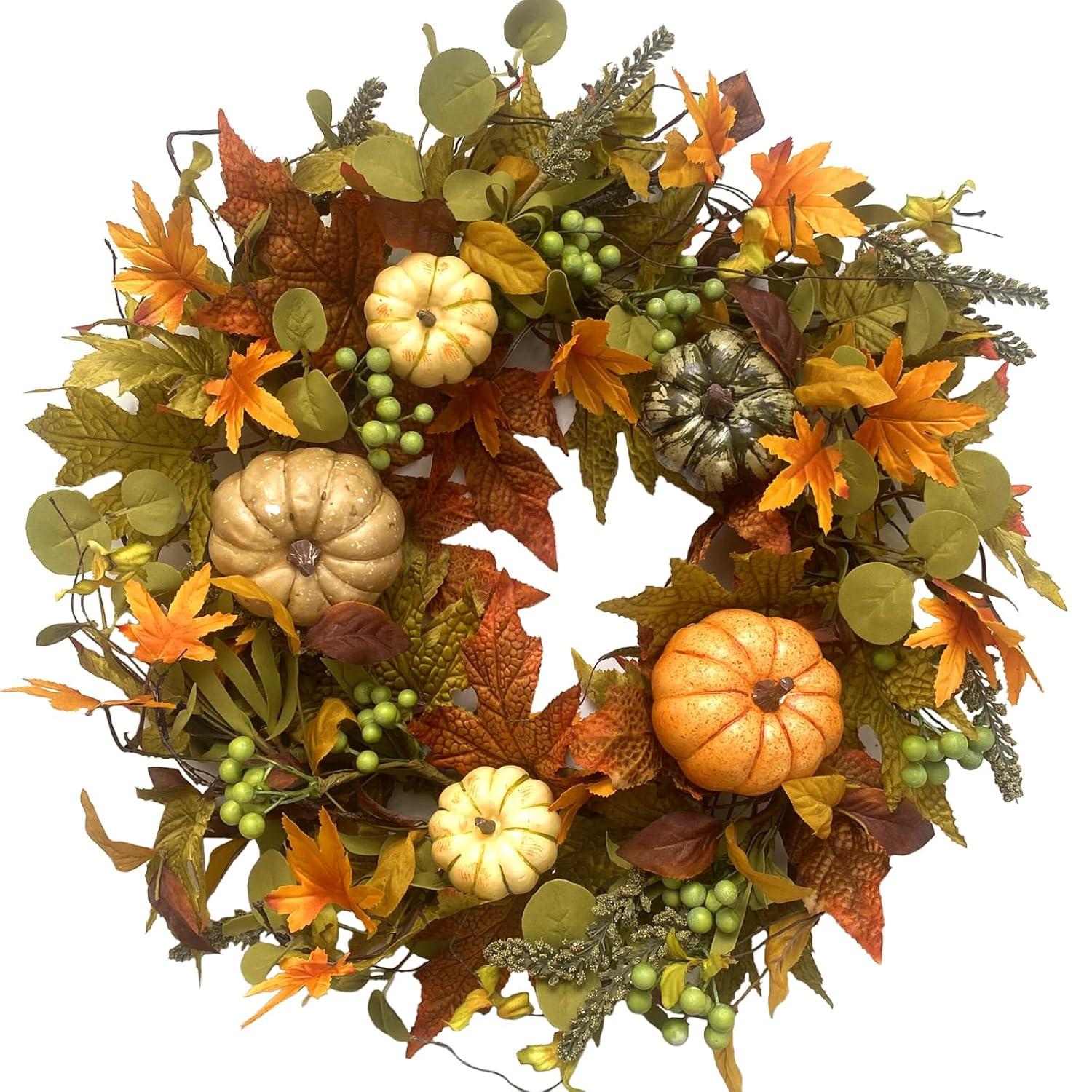 Fall Wreath 20’’ Autumn Front Door Wreath Harvest Wreath with Sunflower Pumpkins Berries Maple Leaves Daisies for Outside Indoor Home Wall Festival Thanksgiving Autumn Farmhouse Decor