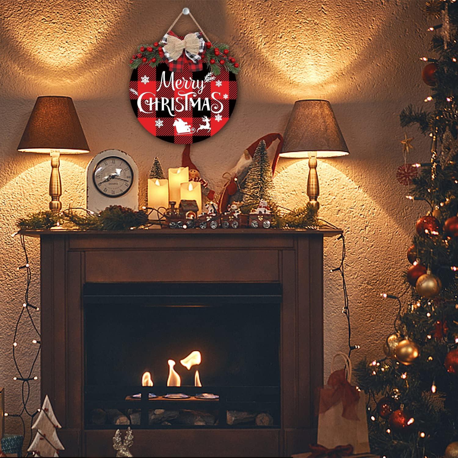 Rustic Red and Black Plaid Wooden Merry Christmas Sign