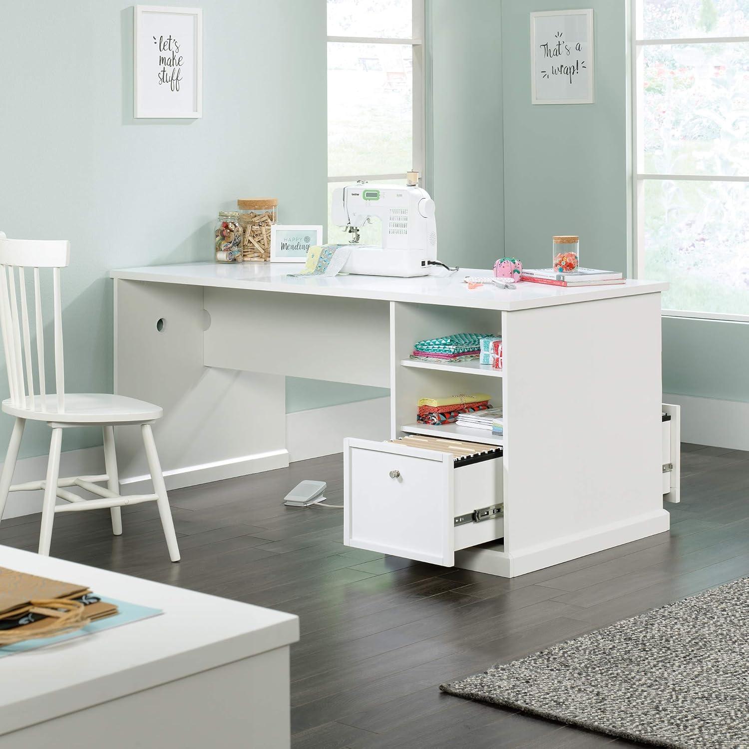 White Melamine Craft Table with Storage and Power Outlet