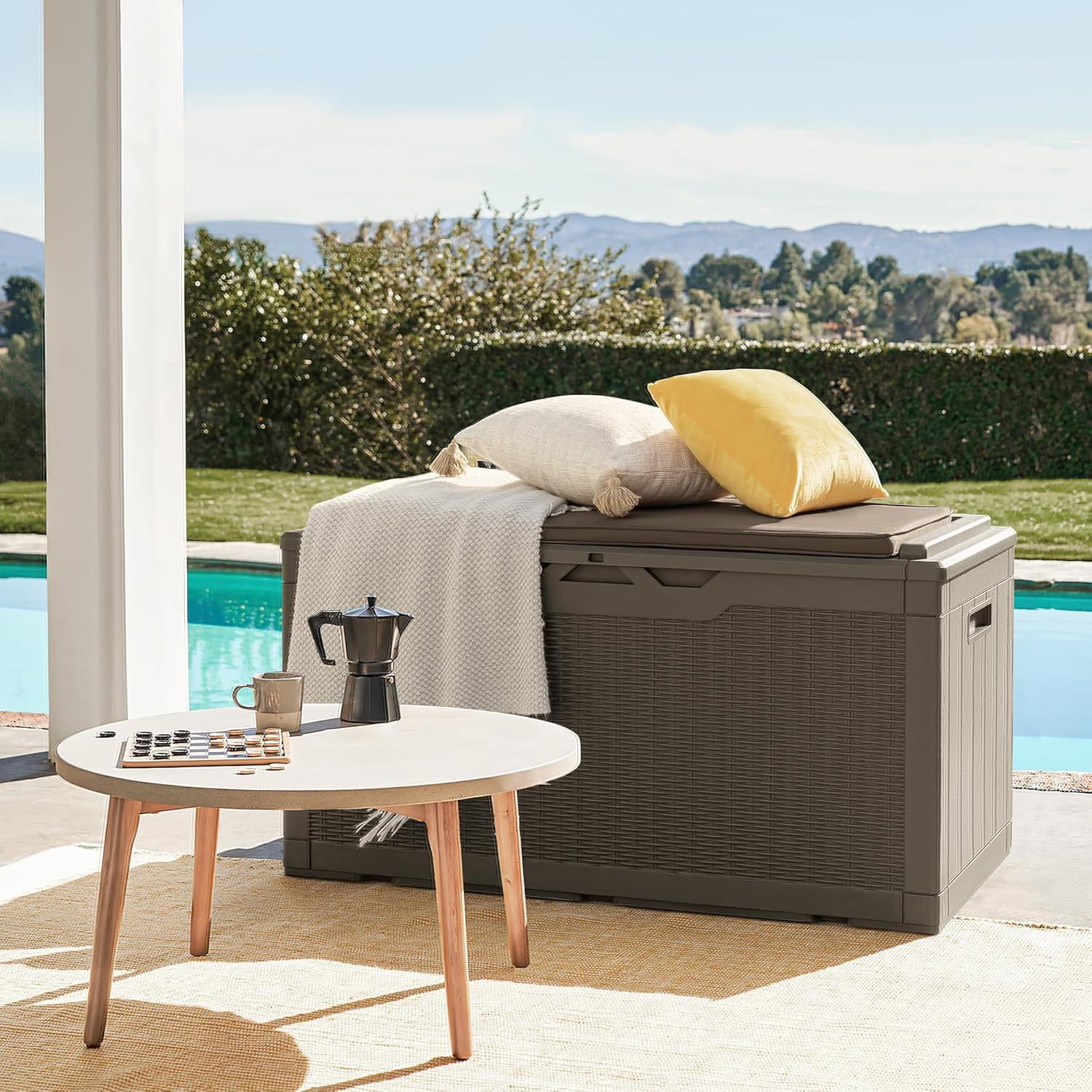 Flamaker Deck Box with Cushion 100 Gallon Waterproof Resin Storage Box with Air Rod Indoor Outdoor Lockable Storage Bench for Patio Furniture, Tools, Pool Accessories (Black)