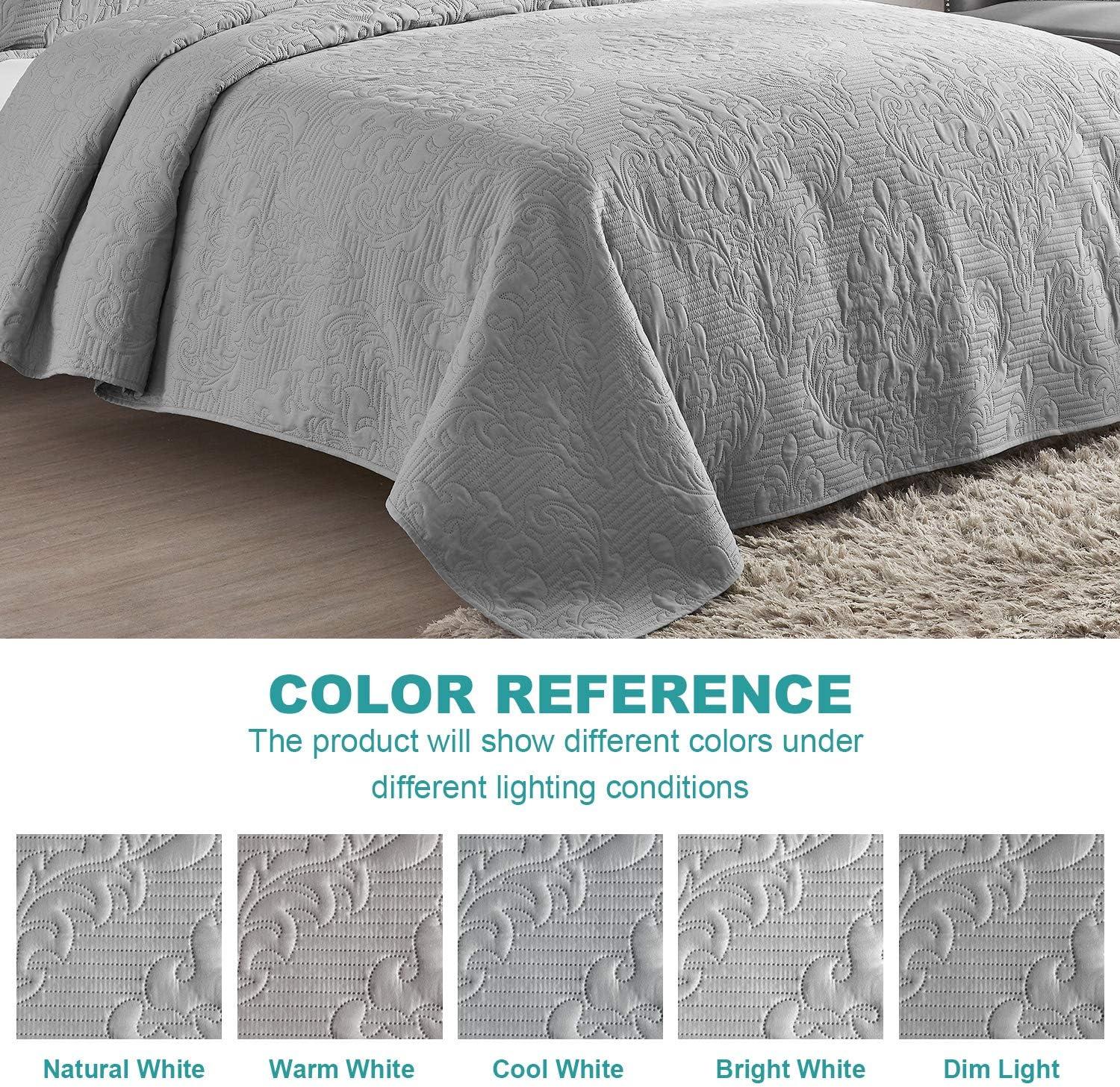 Hansleep Grey Quilt Queen Size - Damask Ultrasonic All Season Bedspread Queen, Soft Lightweight Coverlet Bedding Set, 3 Pieces (1 Quilt, 2 Pillow Shams)