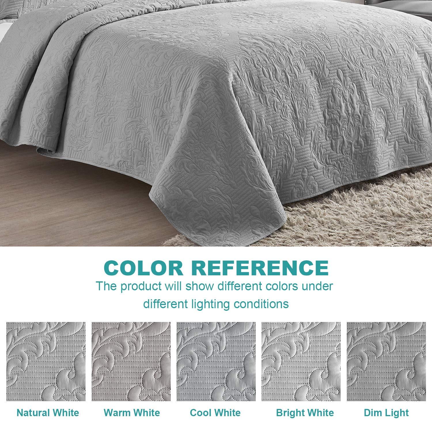 Hansleep Grey Quilt Queen Size - Damask Ultrasonic All Season Bedspread Queen, Soft Lightweight Coverlet Bedding Set, 3 Pieces (1 Quilt, 2 Pillow Shams)