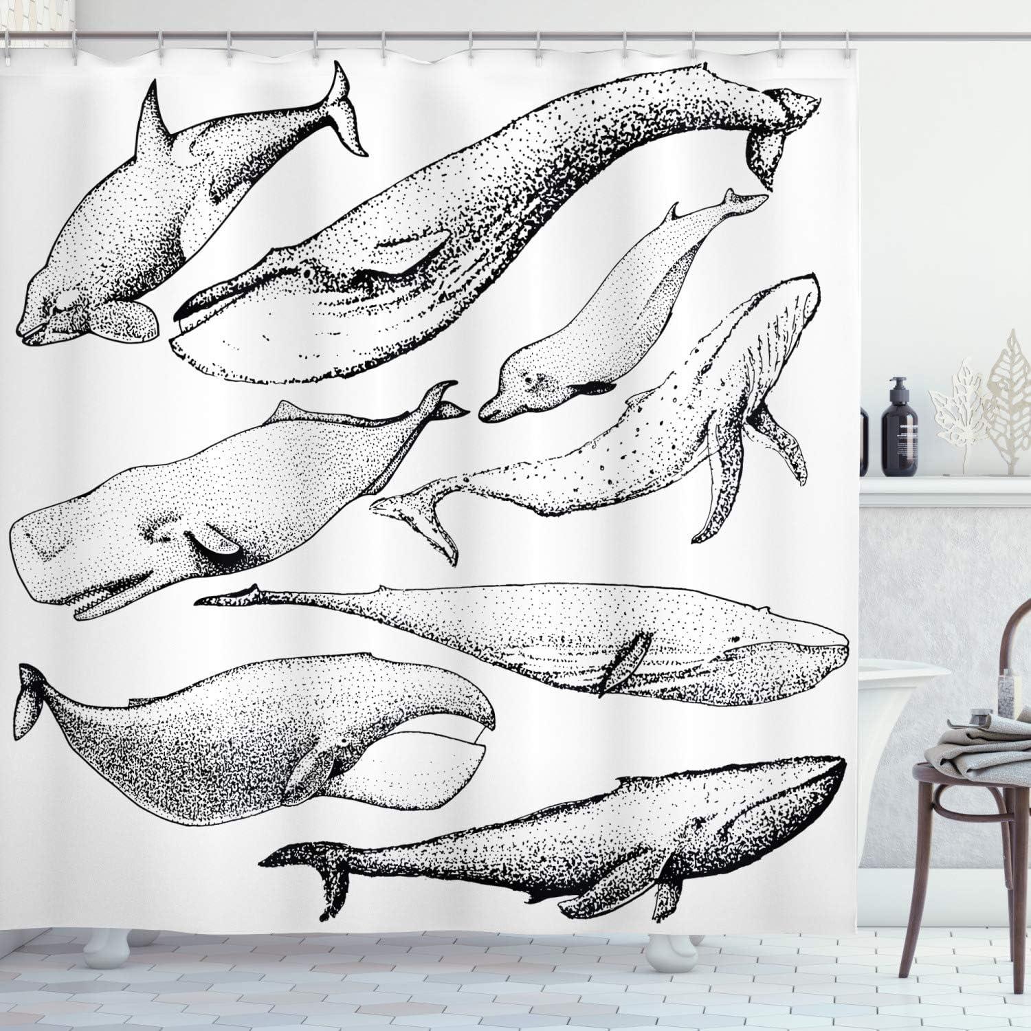 Hand Drawn Black and White Whale Fabric Shower Curtain