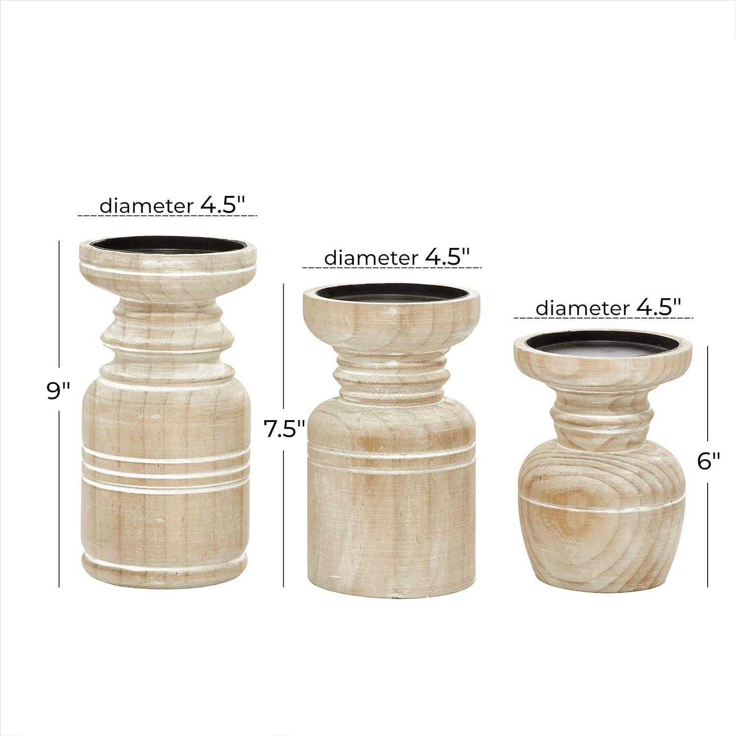 DecMode 3 Candle Brown Wood Pillar Candle Holder with White Wash Finish, Set of 3