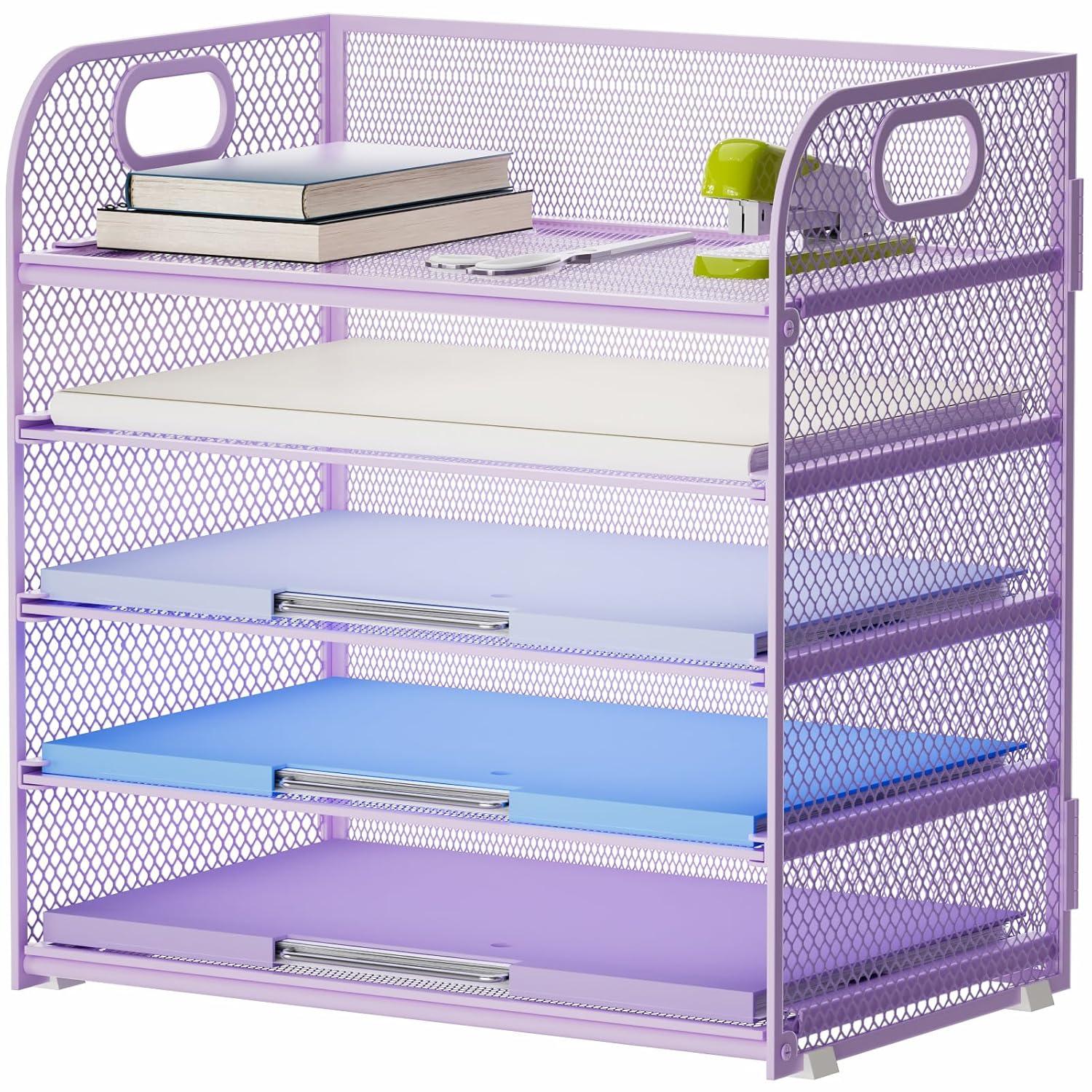 Marbrasse Paper Organizer Letter Tray, 5 Tier Mesh File Organizer with Handle, Paper Sorter Desk Organizer for Home Office Supplies - Purple