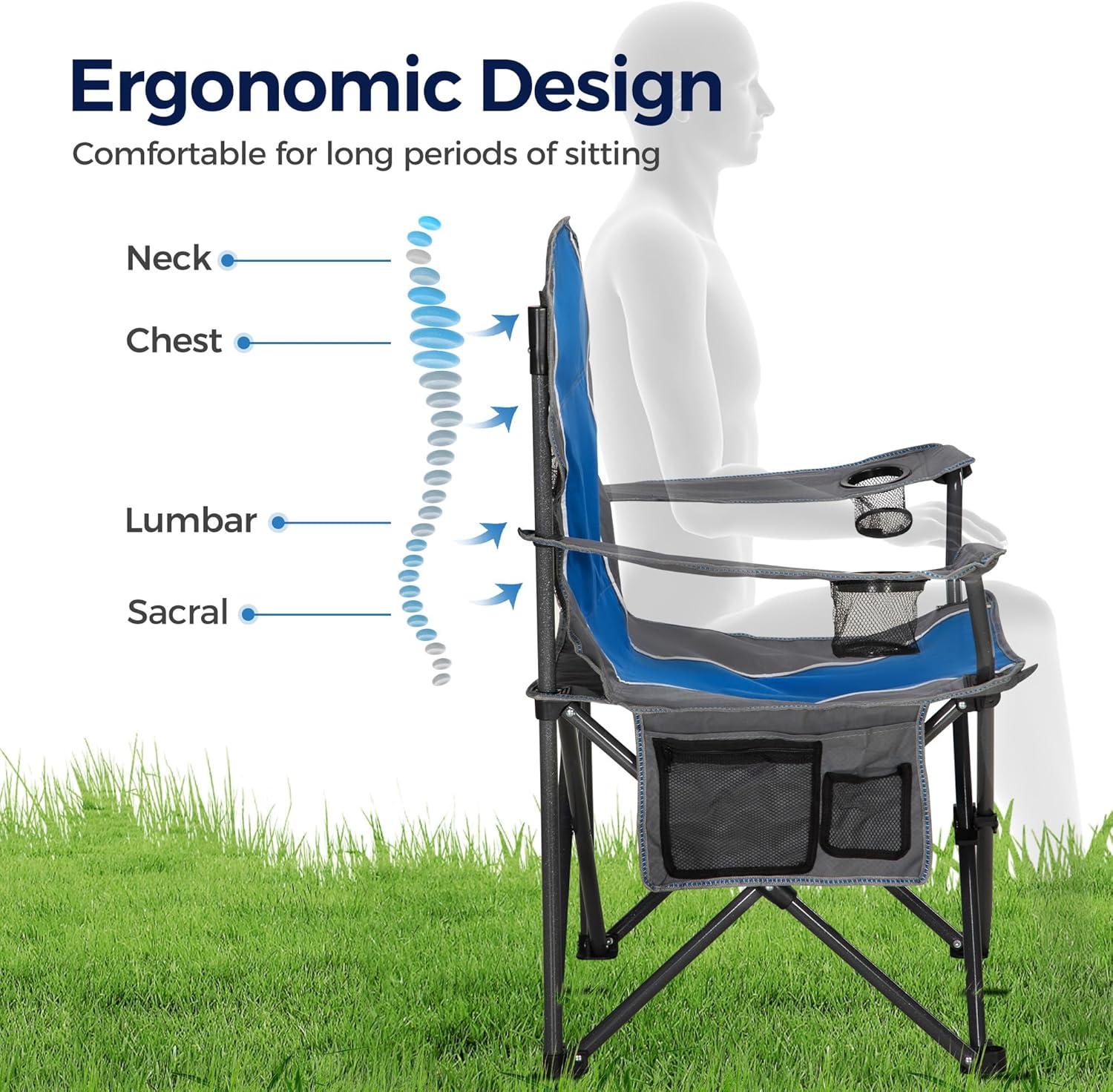 Oversized Camping Folding Chair Padded Arm Chair with Cup Holder Blue Grey