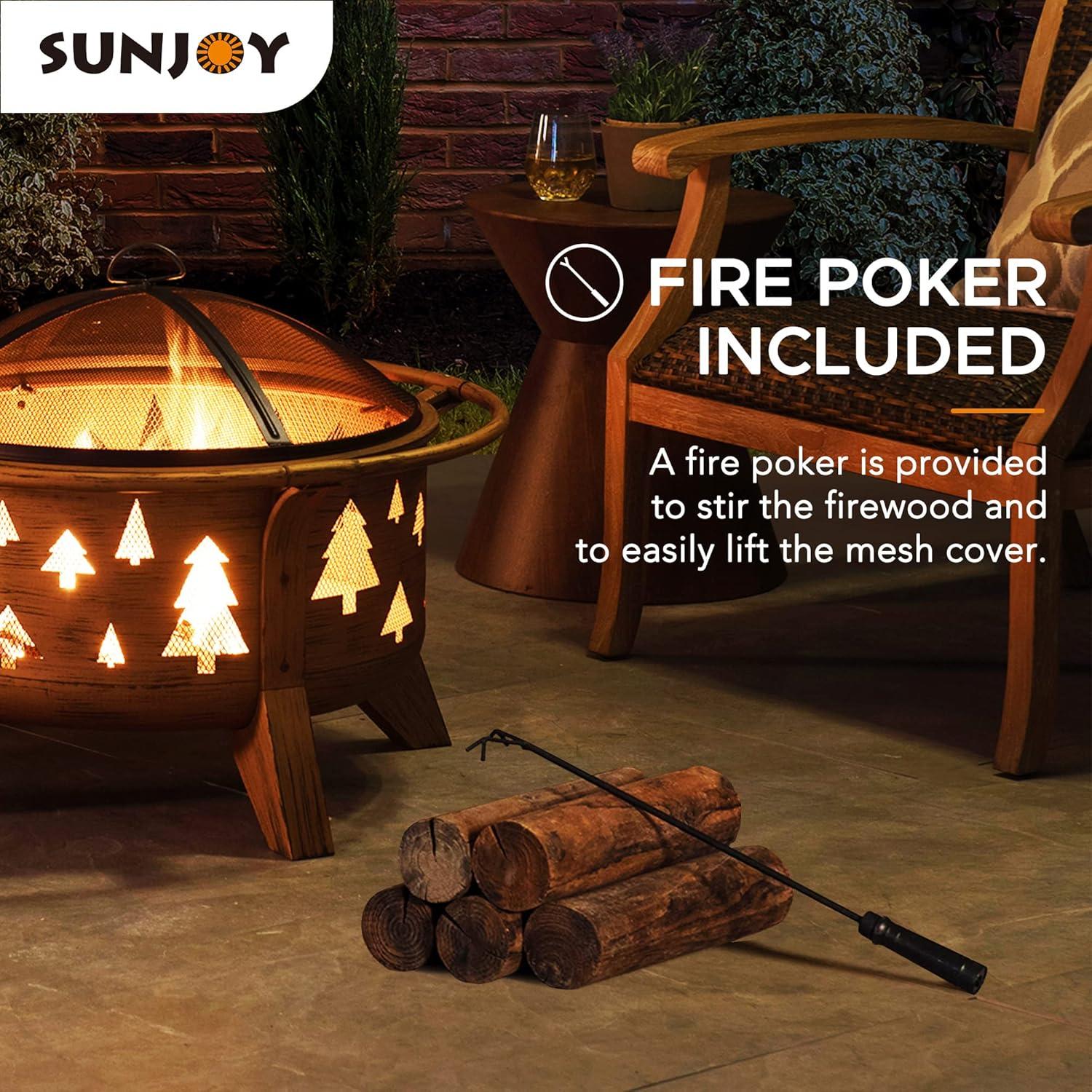 SUNJOY Fire Pit 30 Inch Outdoor Wood-Burning Fire Pit, Patio Tree Motif Round Steel Firepit Large Fire Pits for Outside with Spark Screen and Poker