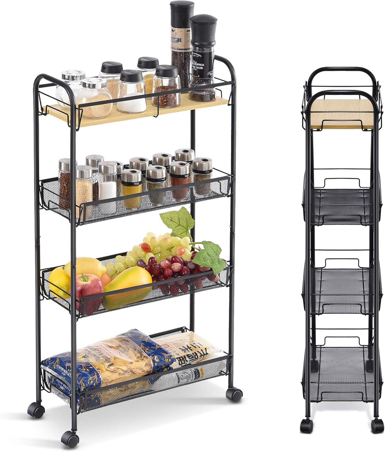 Black Metal 4-Tier Rolling Cart with Wooden Tabletop