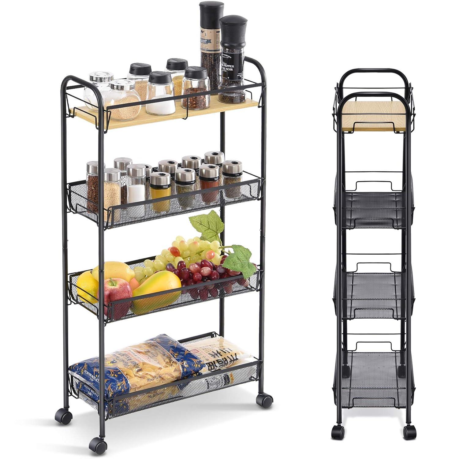 KINGRACK 4-Tier Slim Rolling Cart,Metal Utility Cart,Slide Out Storage Cart with Wooden Tabletop and Mesh Baskets for Narrow Space on Kitchen Bathroom Laundry Room Bedroom Apartments Dormitory, Black