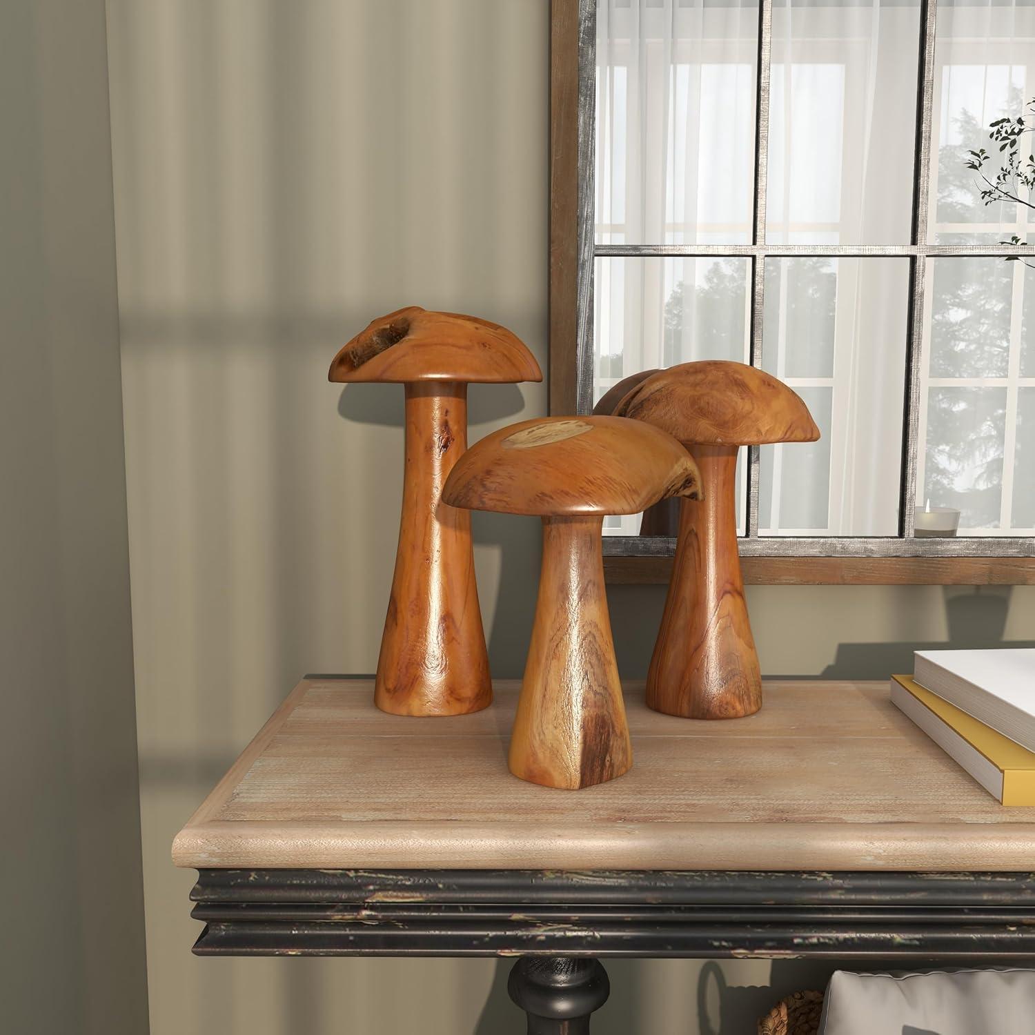 DecMode Contemporary Brown Wood Mushroom Sculpture with Golden Brown/Beige Finish, Set of 3 16", 14", 12"H