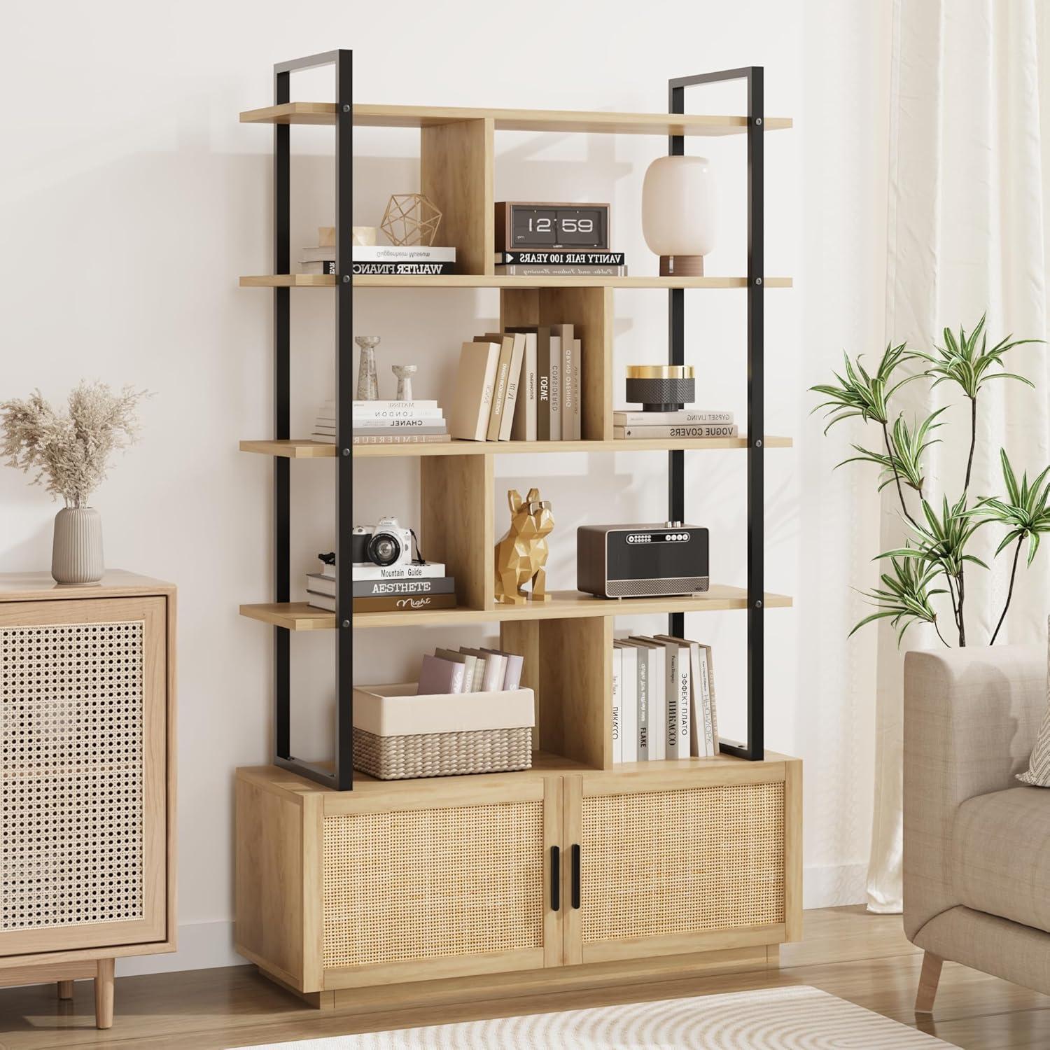 5 Tier Rattan Bookshelf with Storage Cabinet & Door, 71.1 Inch Tall Industrial Book Shelf,5 Shelf Bookcase with Metal Frame-Burlywood
