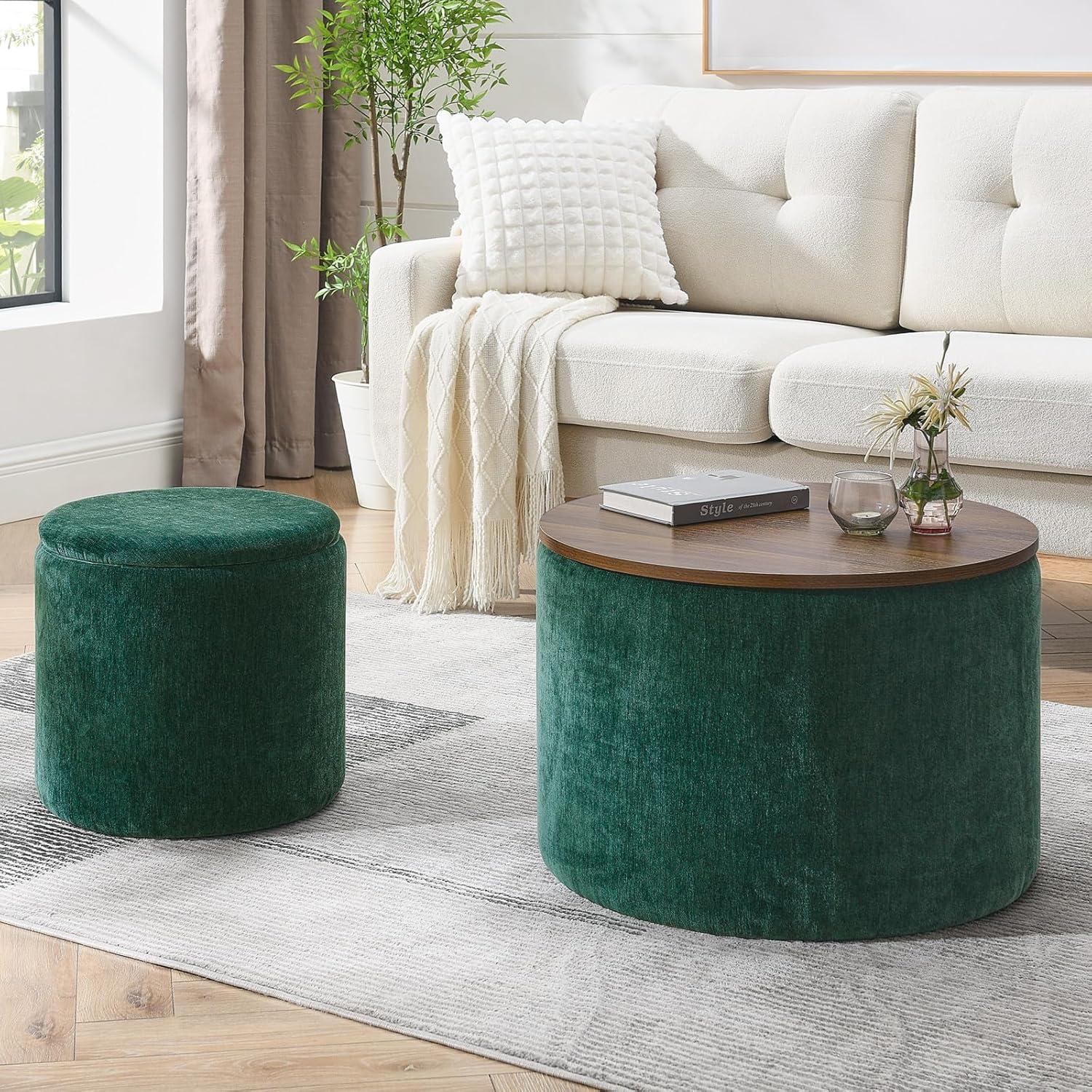 2-Piece Set Storage Ottoman, Round Chenille Makeup Vanity Stool Chair with Storage Space, for Serving as a Living Room Footstool, Coffee Table and Additional Seats, Dark Green