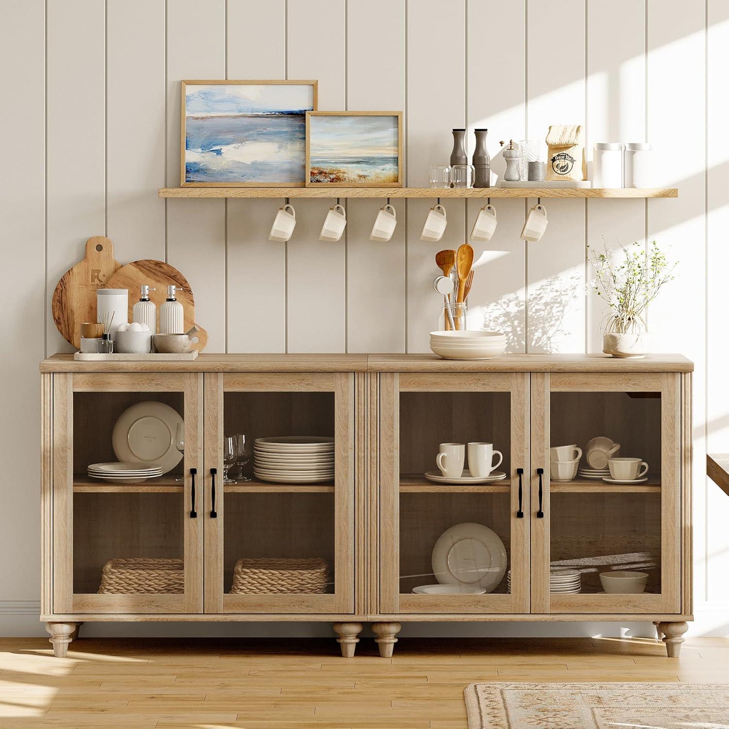 Oak 68'' Glass Door Sideboard Buffet Cabinet with Adjustable Shelf