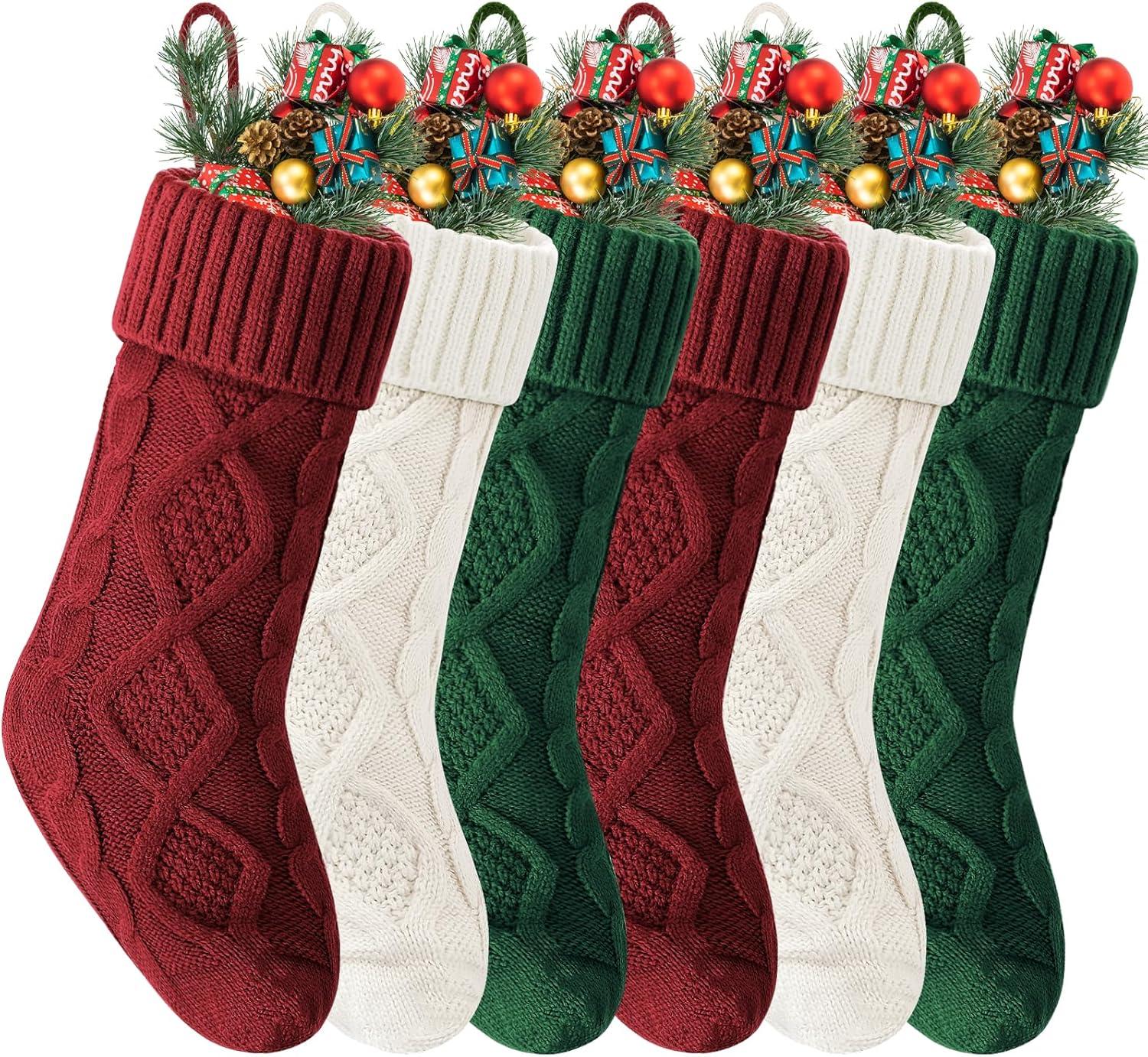 18-Inch Burgundy, Ivory, Green Cable Knit Christmas Stockings, Set of 6