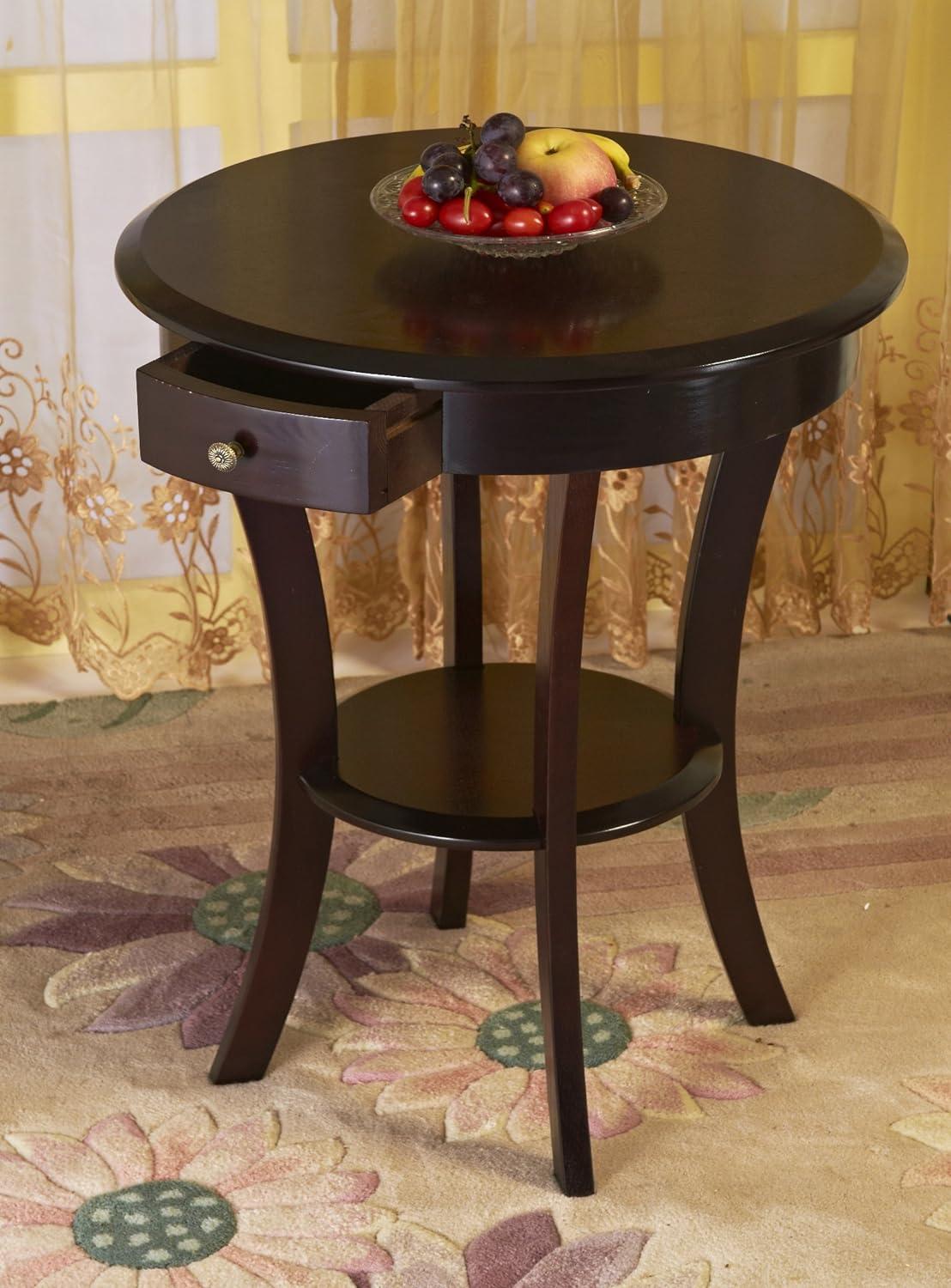 Espresso Wood Round End Table with Drawer and Shelf