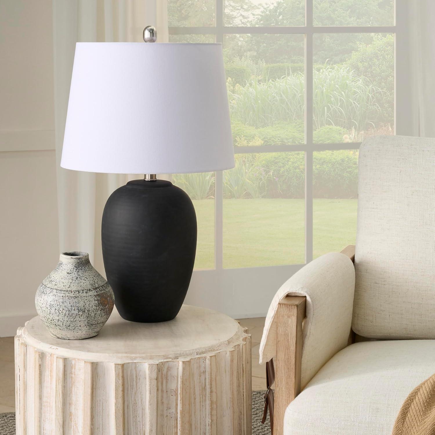 23" Black Ceramic Pot Table Lamp with White Drum Shade