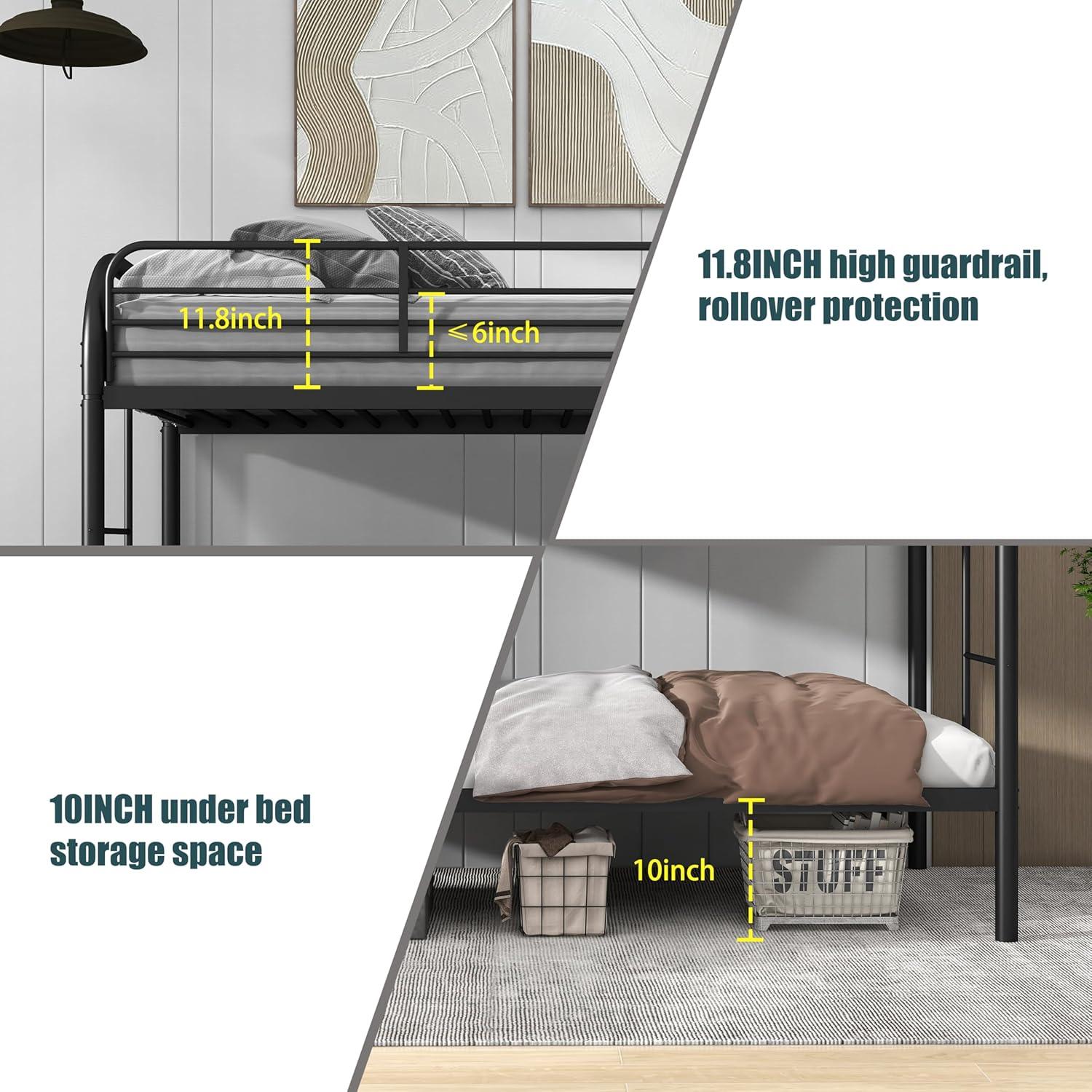 Black Twin Metal Bunk Bed with Safety Rails and Storage Drawer