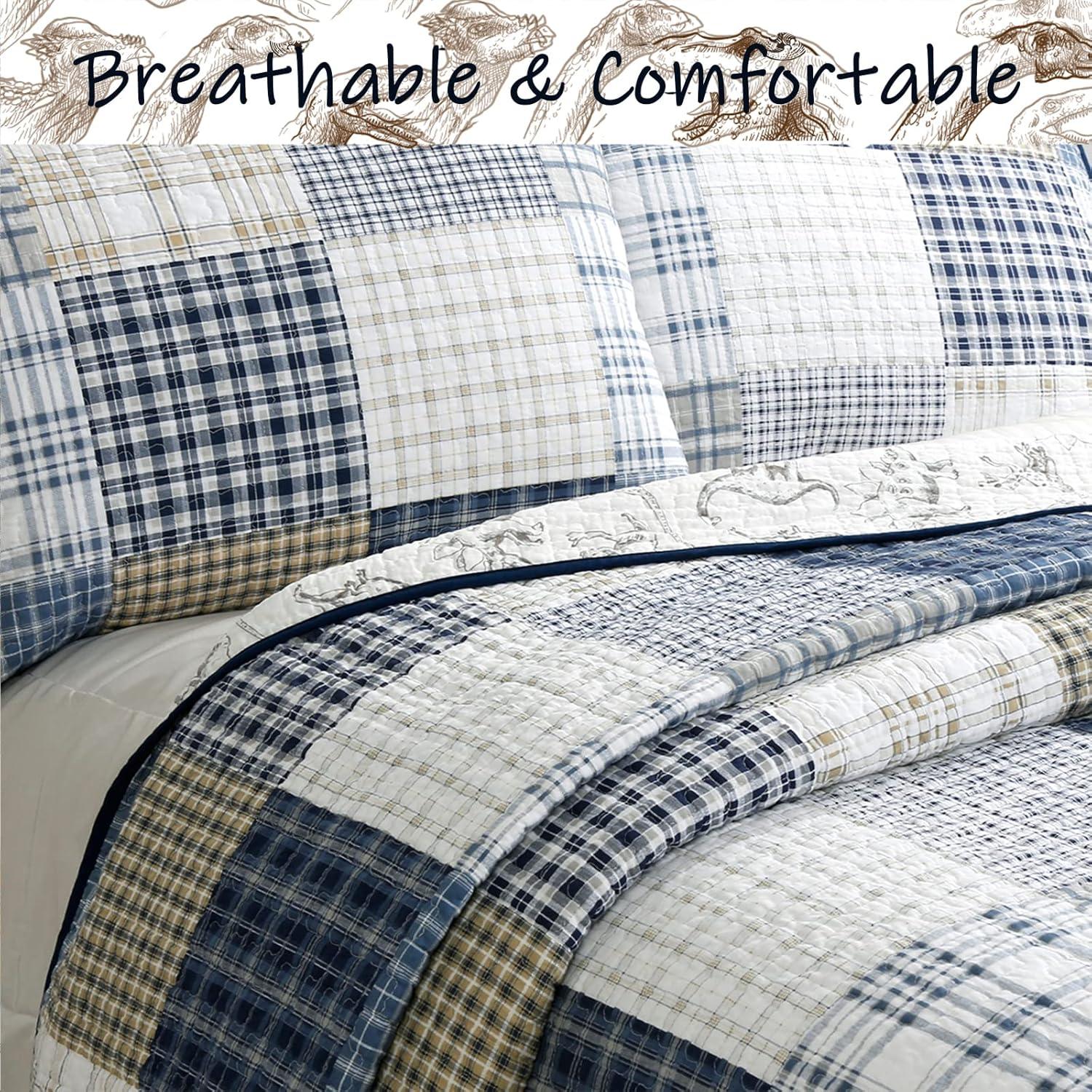 Cozy Line Home Fashions Benjamin Cute Dinosaur Plaid Printed Pattern 100% Cotton Quilt Bedding Set, Reversible Coverlet,Bedspread for Kids Boy (Dinosaur,Queen - 3 Piece)