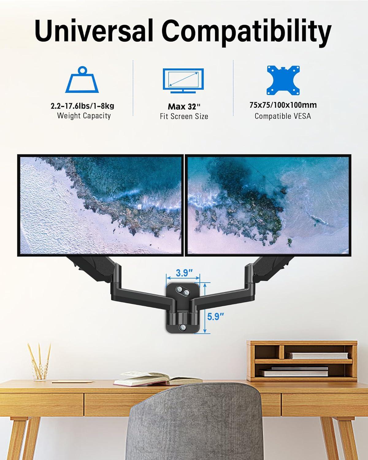 Black Dual Monitor Wall Mount with Gas Spring Arms