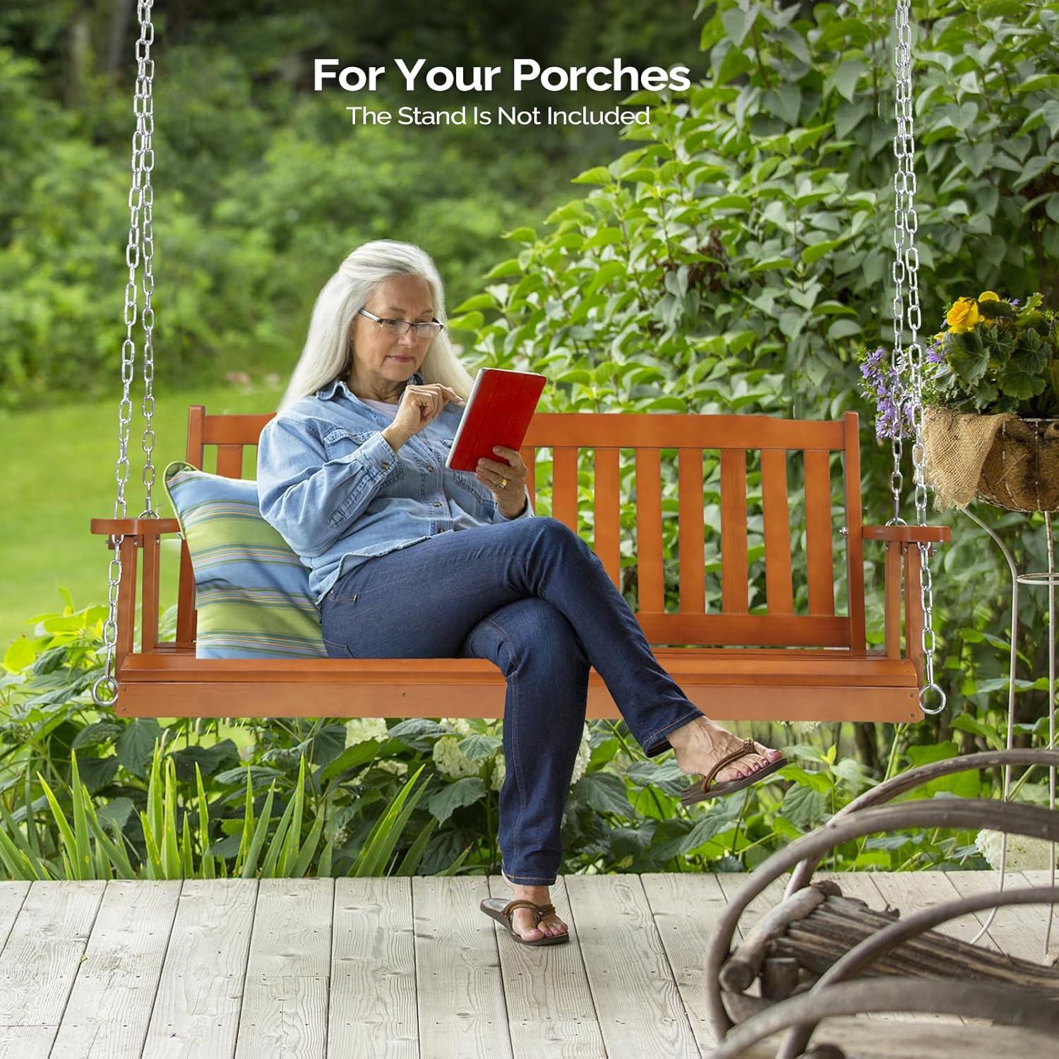 VINGLI 5 ft Outdoor Wooden Porch Swing, Heavy Duty 880 lbs Patio Hanging Swing Bench for Garden, Yard, Balcony, Brown