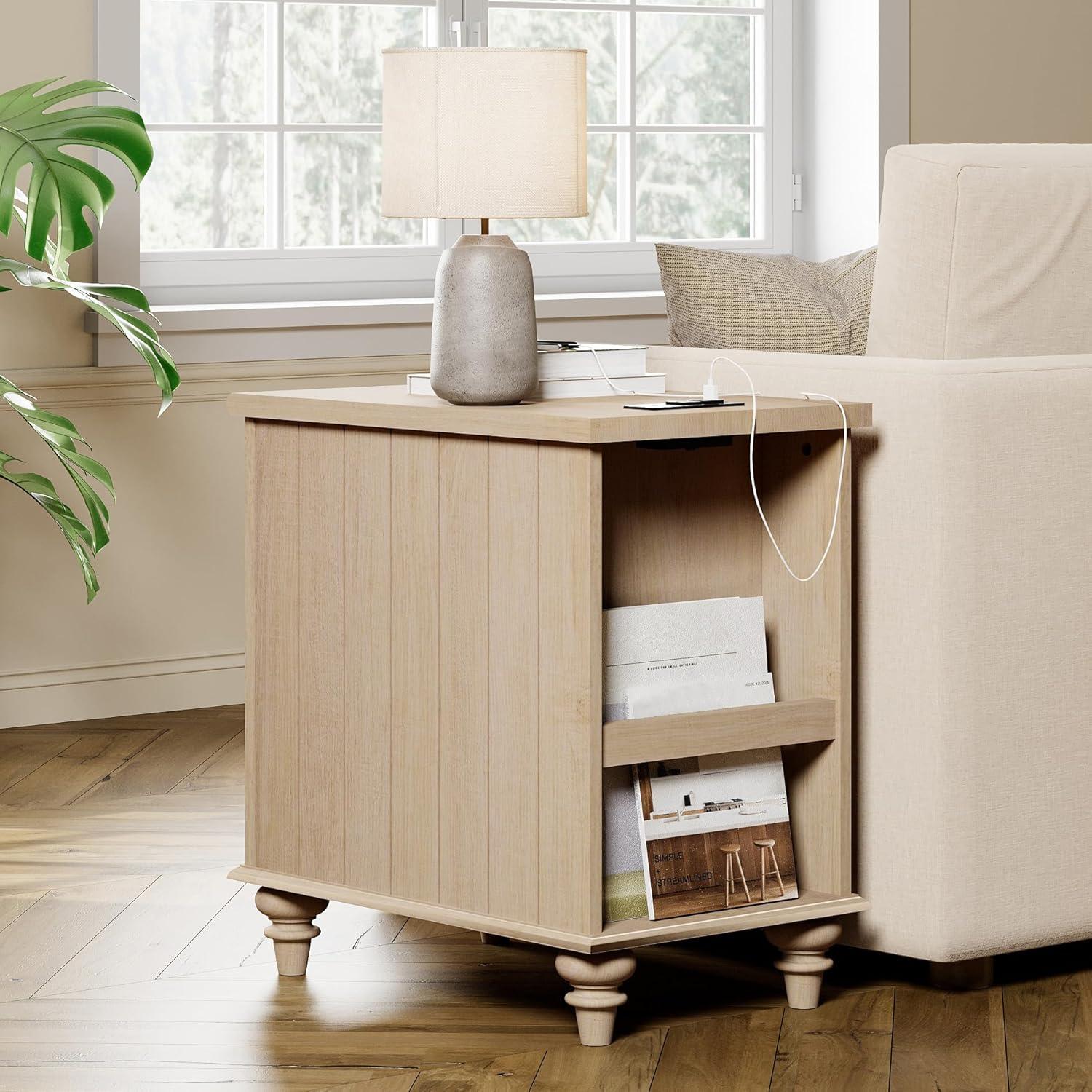 WAMPAT Beige End Table with Charging Station, Narrow Side Table with 1 Drawer &1 Storage Cabinet, Mid Century Modern Nightstand with Power Outlets & USB Ports for Living Room, Bedroom