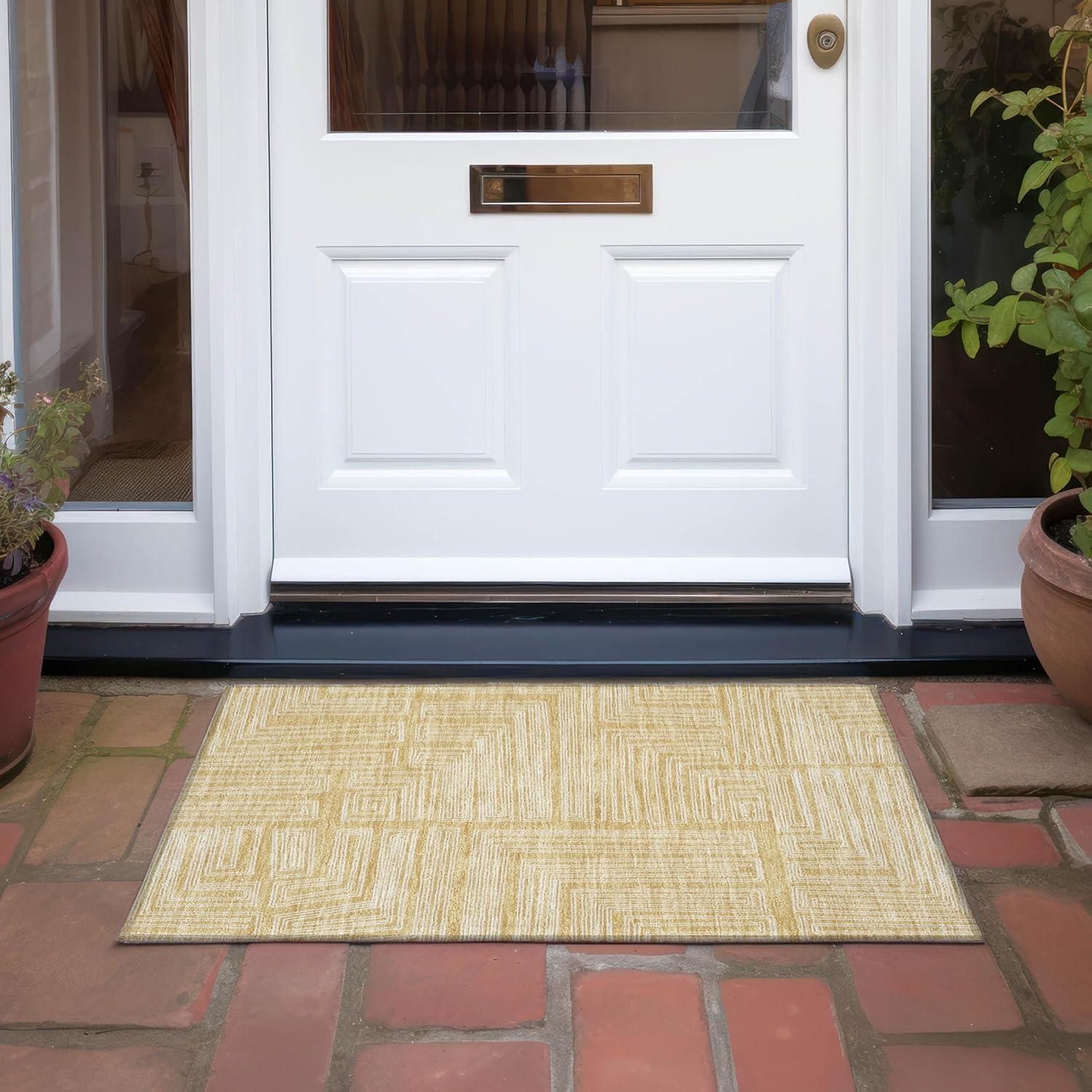 Gold Geometric Flat Woven Washable Rectangular Rug