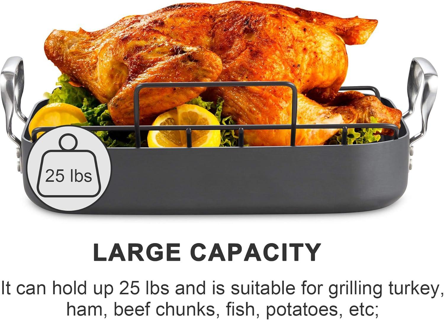 Hard Anodized Nonstick Rectangular Roasting Pan with Rack and Handles