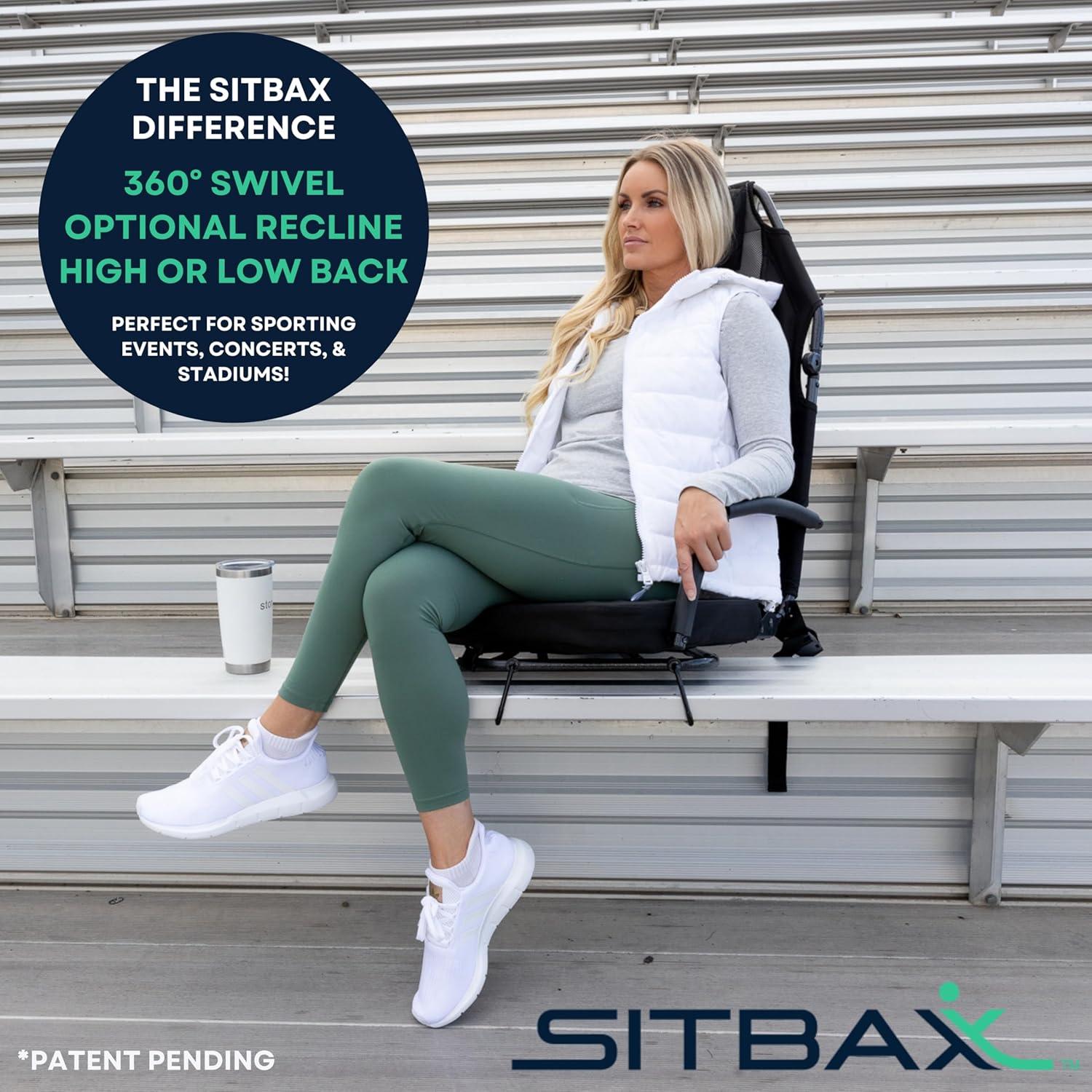 Sitbax SitBax Black Padded Bleacher Seat – The Ultimate Reclining Stadium Chair with Full Back & Neck Support and 360° Swivel – Lightweight, Foldable, and Portable with Backpack Straps - Patent Pending