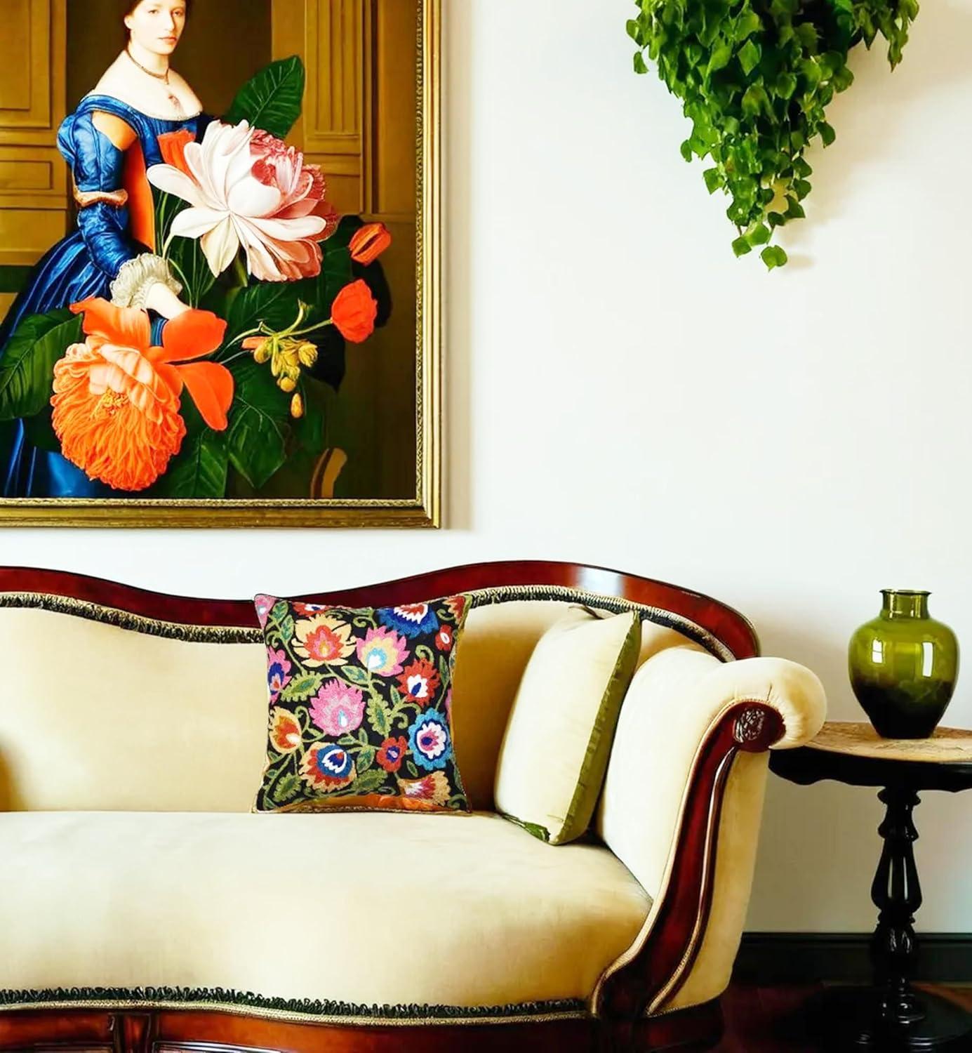 Modern Cream Decorative Floral Pillow Cover Needlepoint White Flower Hand Embroidered Pillowcase Flowery Outdoor Suzani Accent Cushion Boho Chair Modern Chair Pillowsham Wool Size 18x18