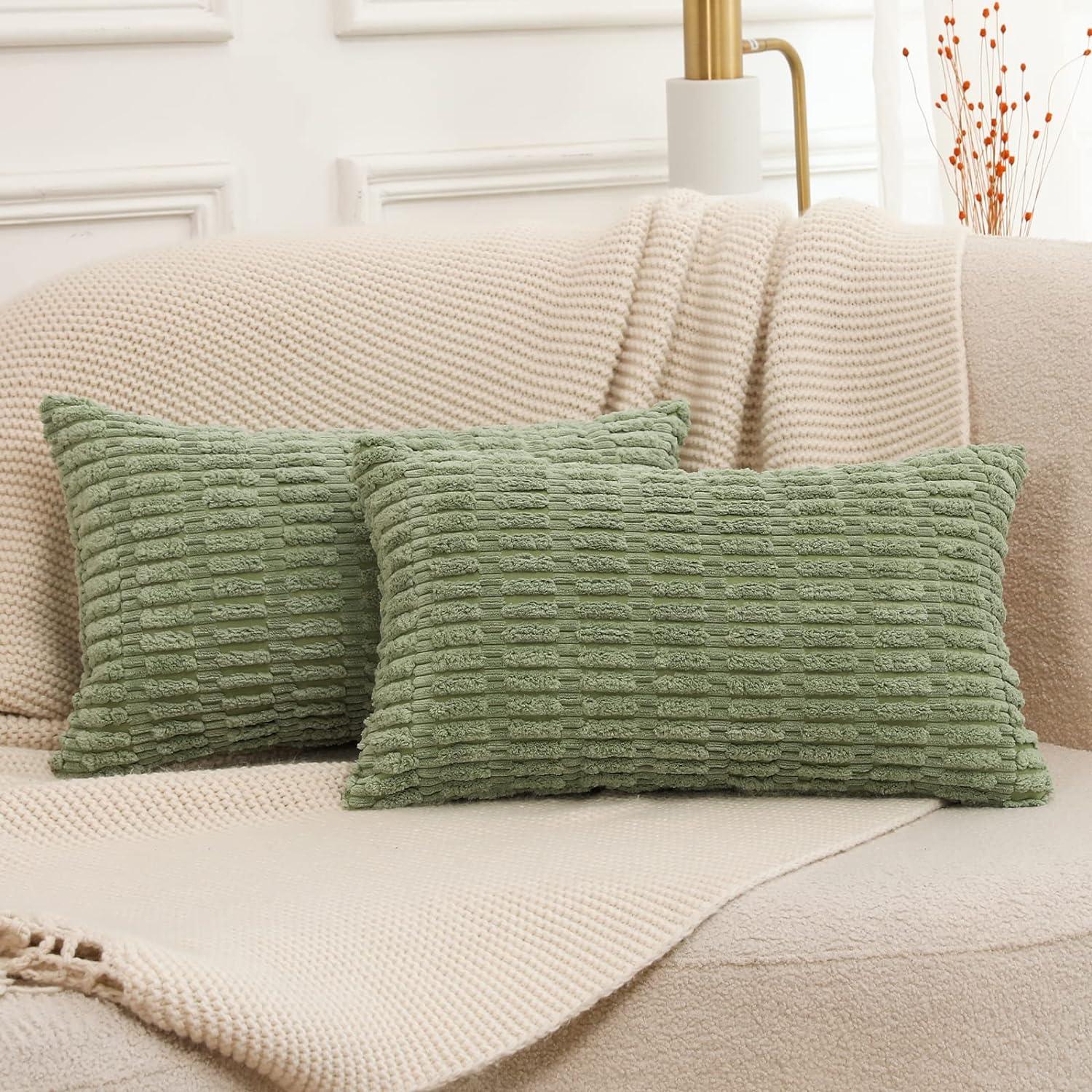 Boho Sage Green Striped Corduroy Pillow Covers - Set of 2 | Farmhouse Rectangle Cushion Cases for Sofa Couch Bed | Soft Decorative Throw Pillowcases - 12x20 Inch Home Decor